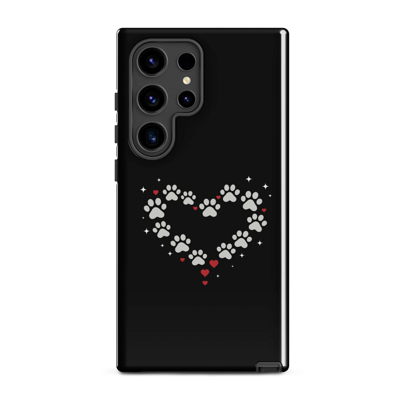 Phone Case for Samsung Galaxy featuring a paw-print heart design on a black background.