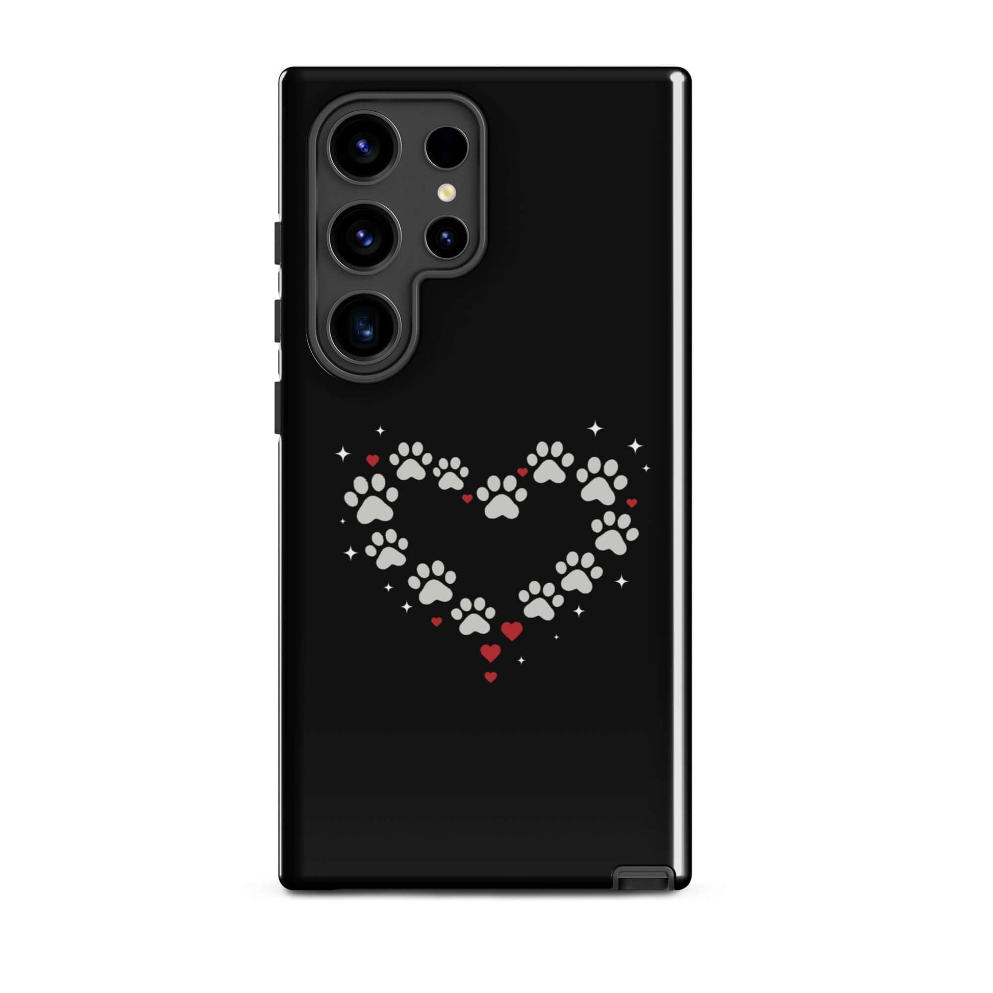 Phone Case for Samsung Galaxy featuring a paw-print heart design on a black background.