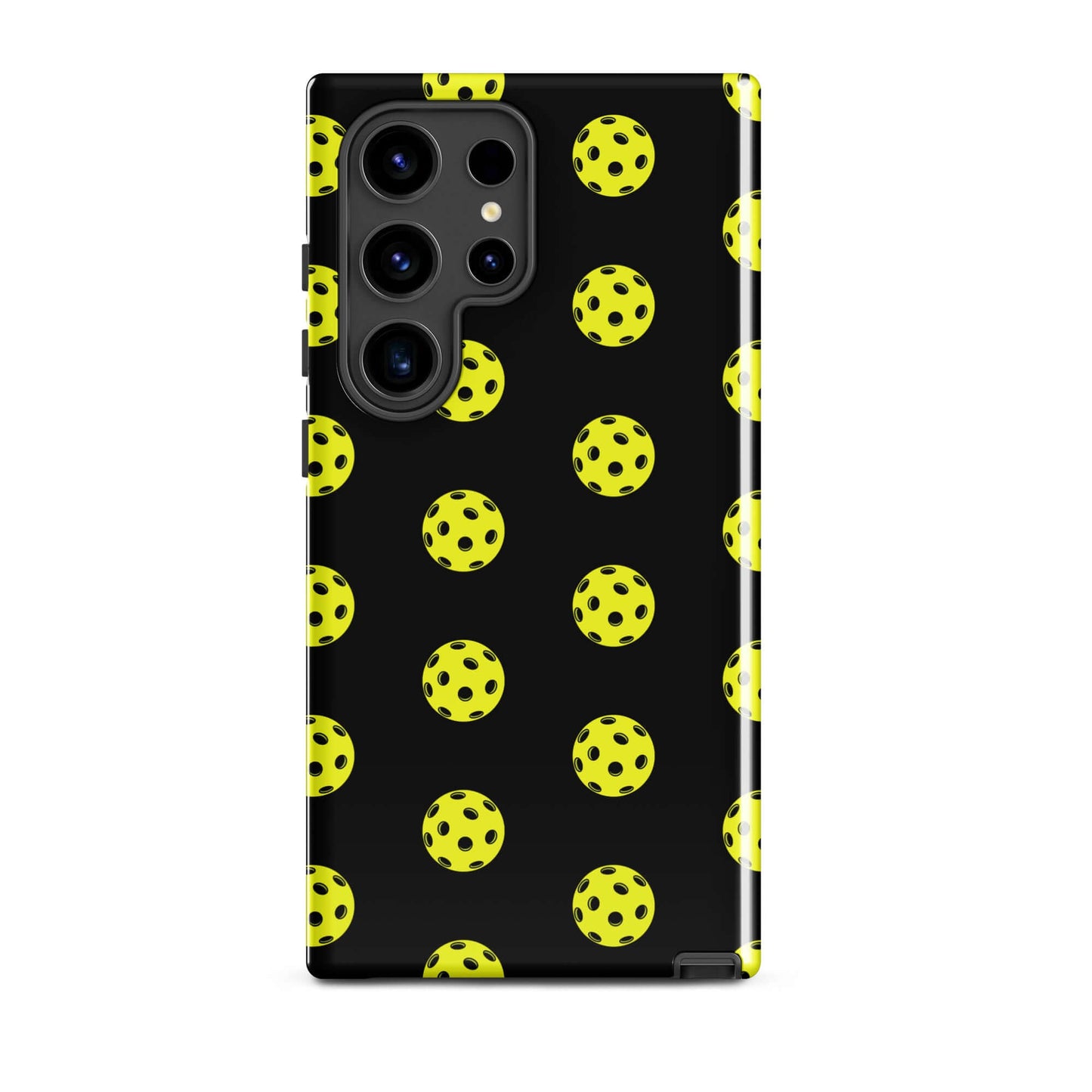 Phone Case for Samsung Galaxy with yellow pickleball pattern on black background, sporty and stylish design.