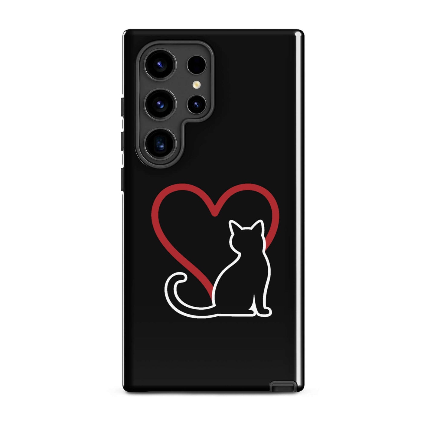 Phone Case for Samsung Galaxy featuring a minimalist black cat and a red heart, perfect for cat lovers.