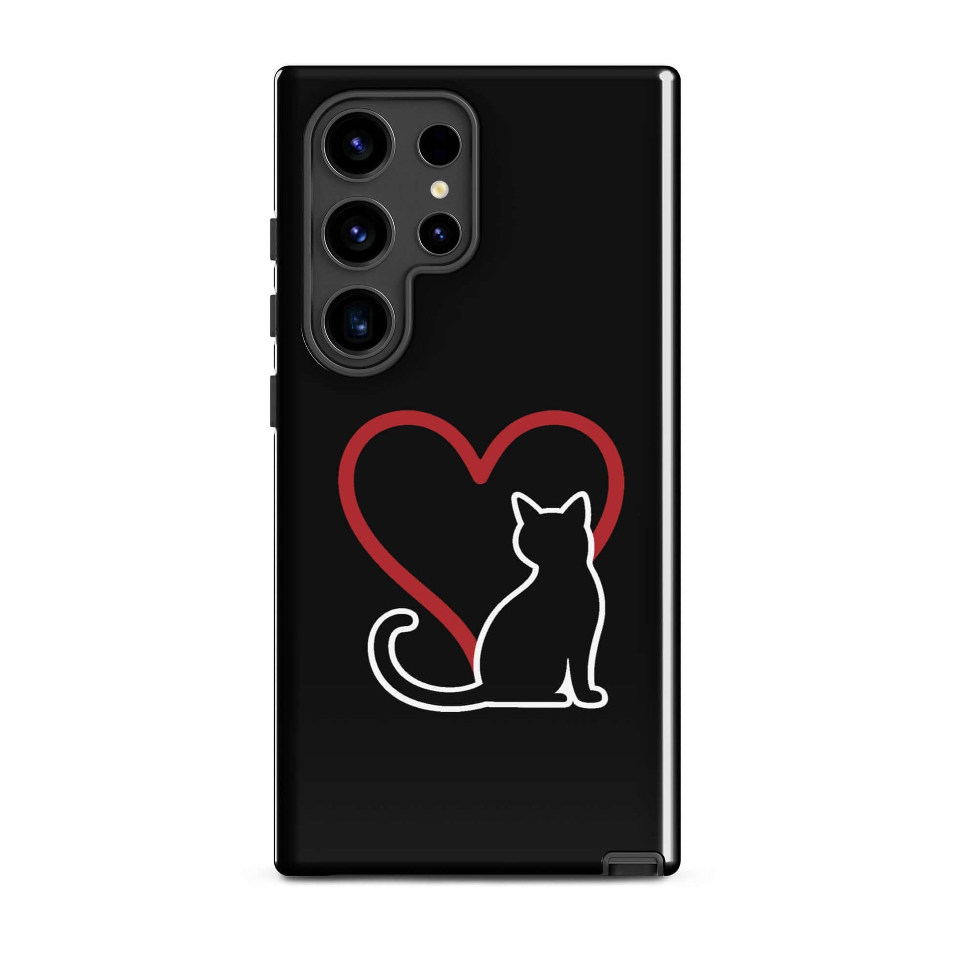 Phone Case for Samsung Galaxy featuring a minimalist black cat and a red heart, perfect for cat lovers.
