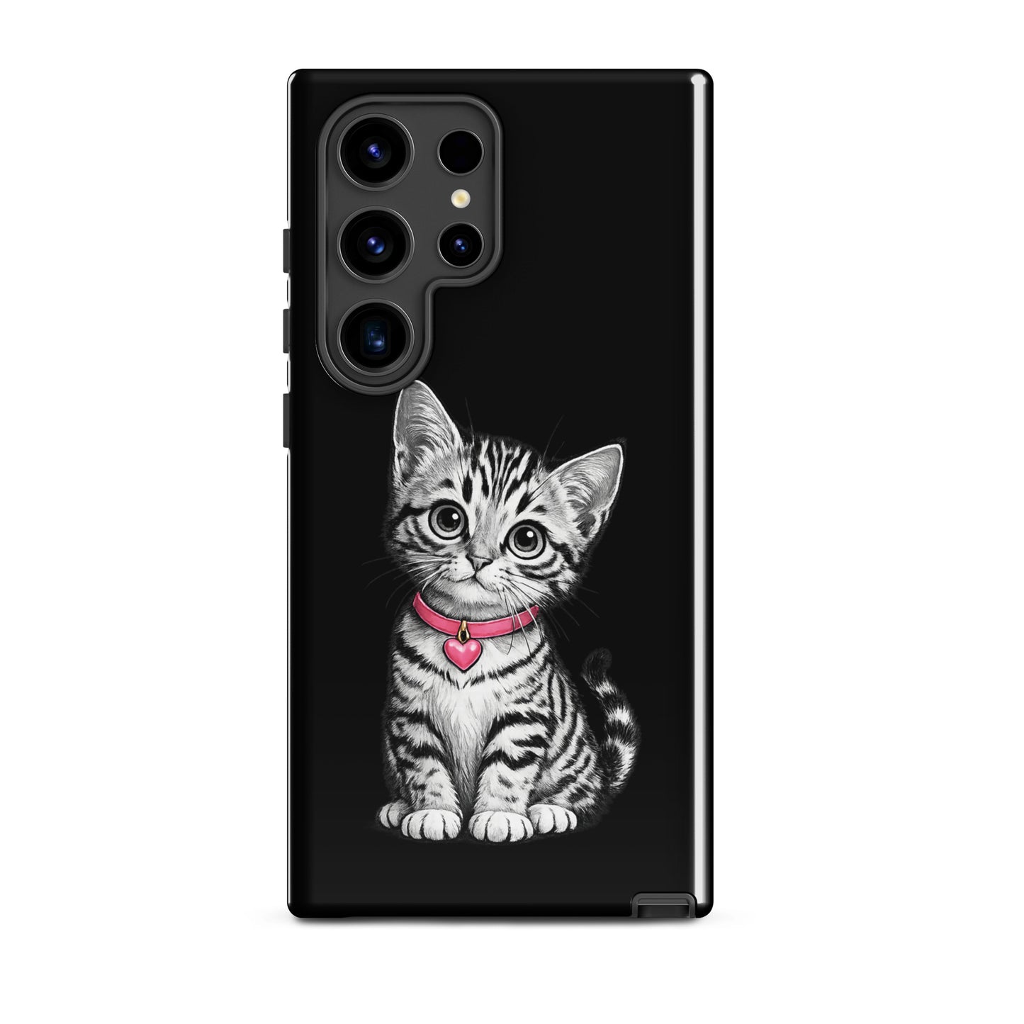 Phone Case for Samsung Galaxy featuring pencil-sketch kitten with pink heart charm, artistic black-and-white design.