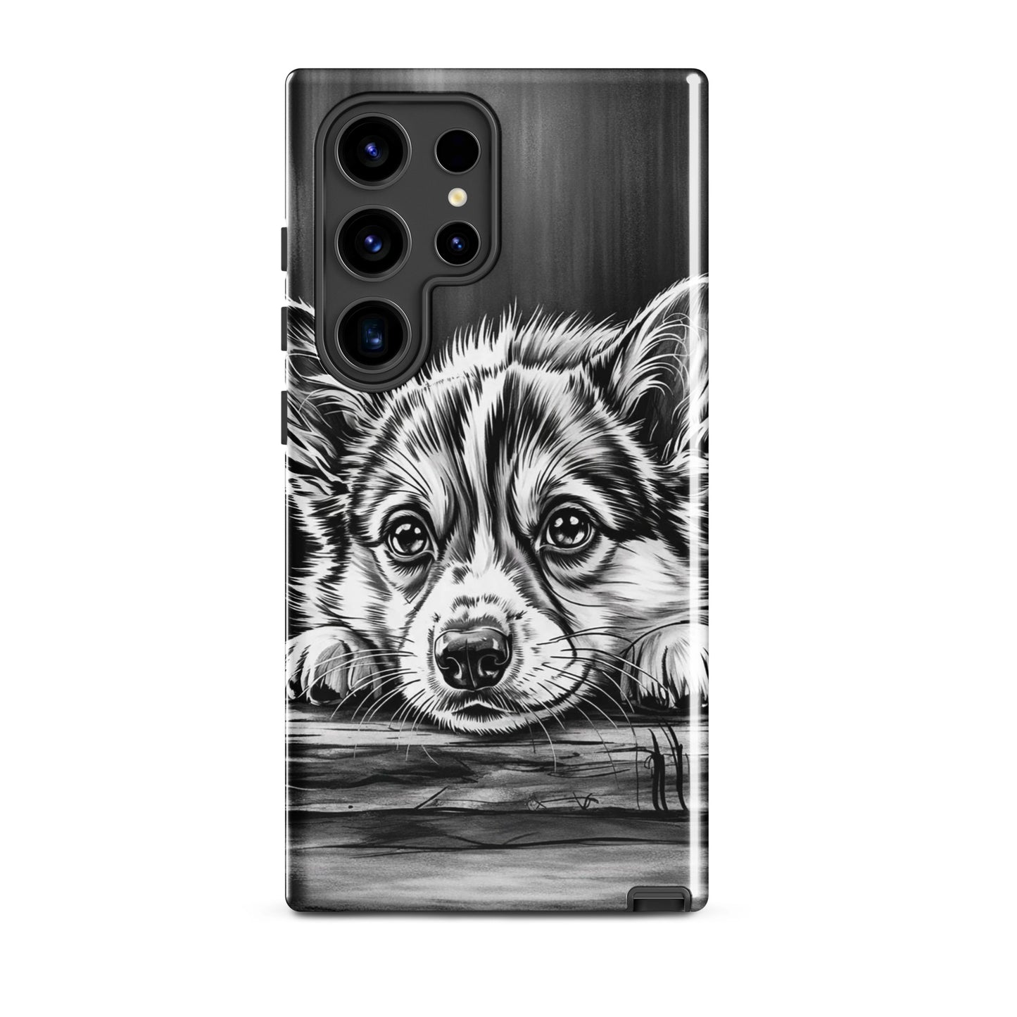 Phone Case for Samsung Galaxy with elegant puppy art in black and white. Features a detailed puppy illustration on a protective case.