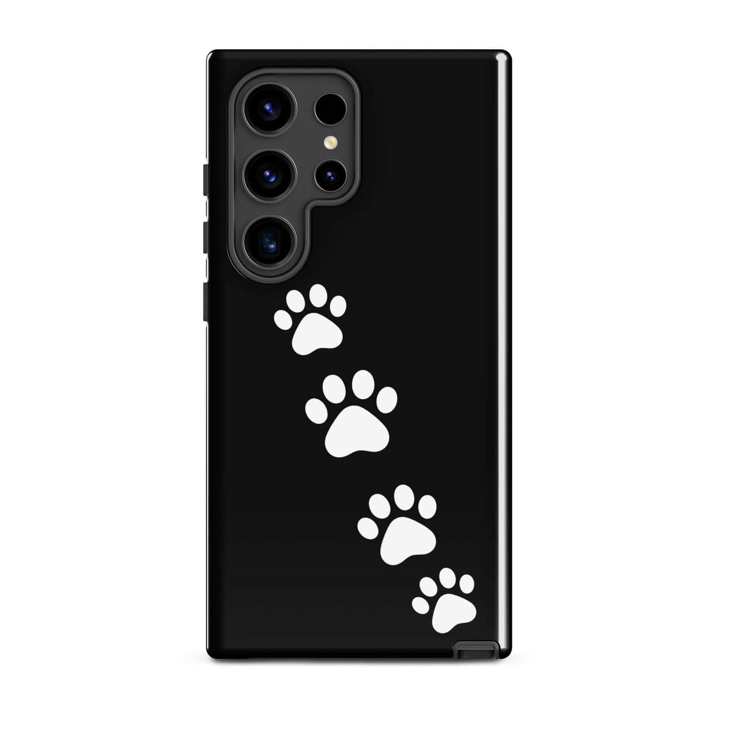 Phone case for Samsung Galaxy with white paw-print trail design on sleek black background, ideal for playful pet lovers.