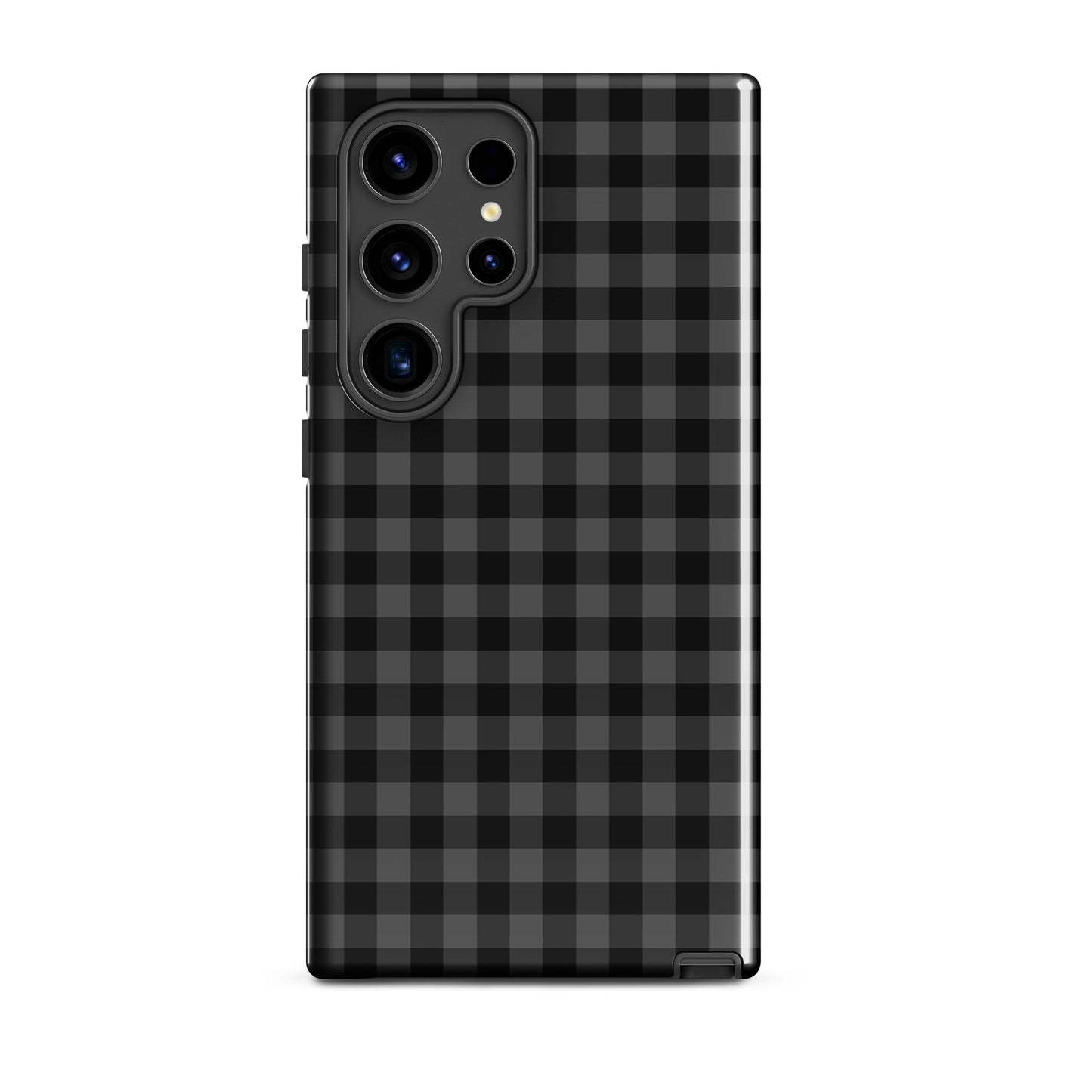 Phone Case for Samsung Galaxy with black and charcoal gingham pattern, offers style and protection.