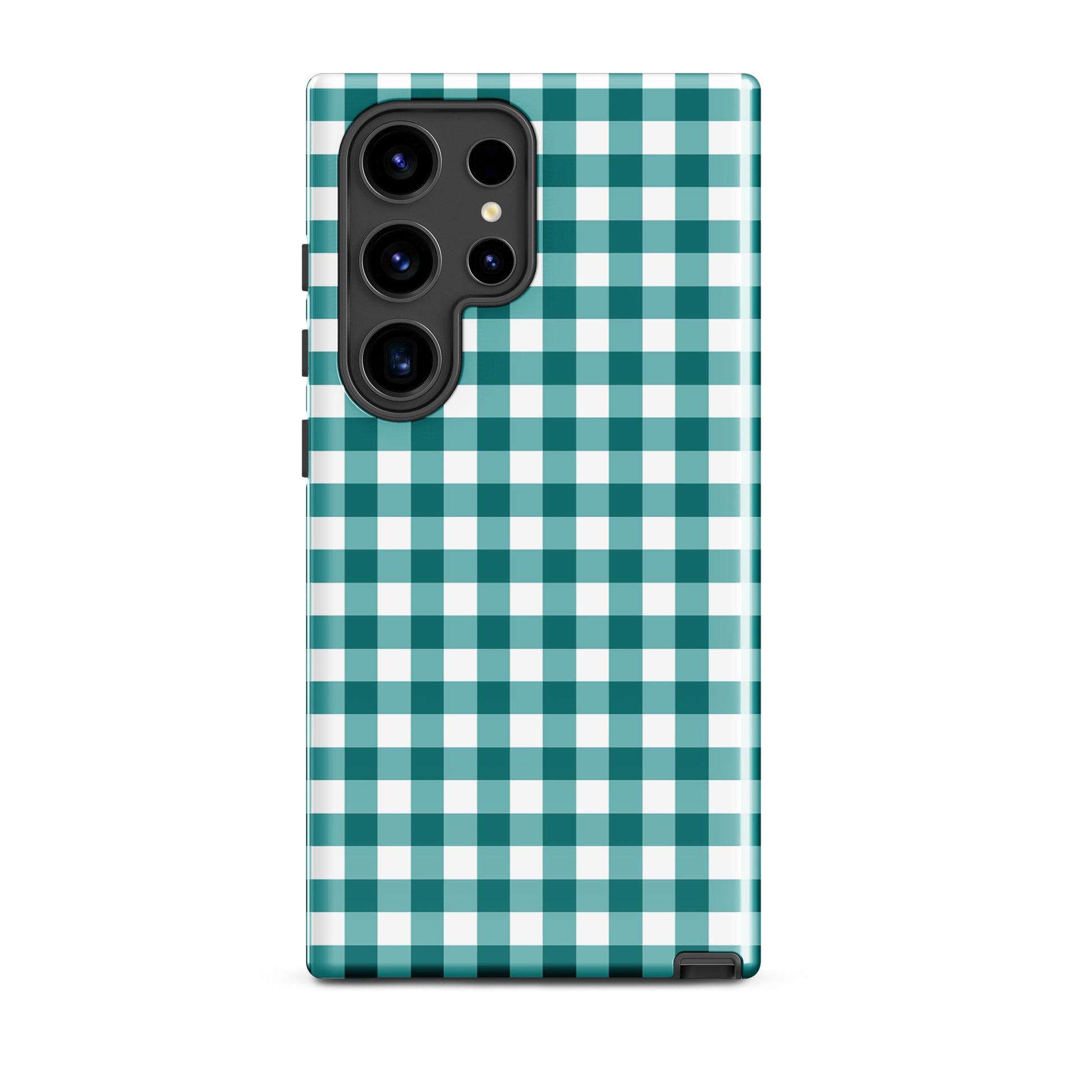 Phone Case for Samsung Galaxy with teal-and-white gingham pattern, offers style and protection.