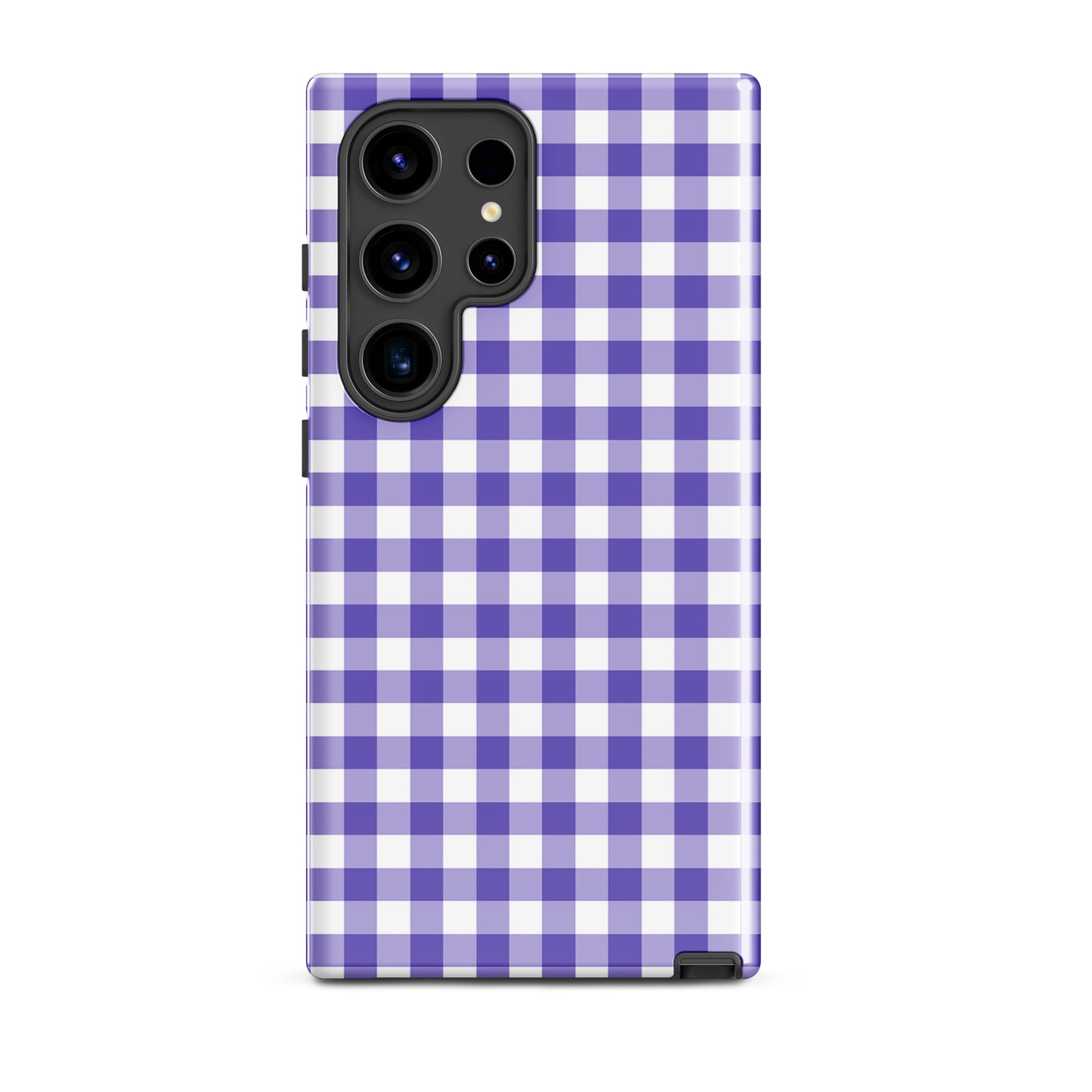 Phone case with purple gingham pattern for Samsung Galaxy, blending style and durability.