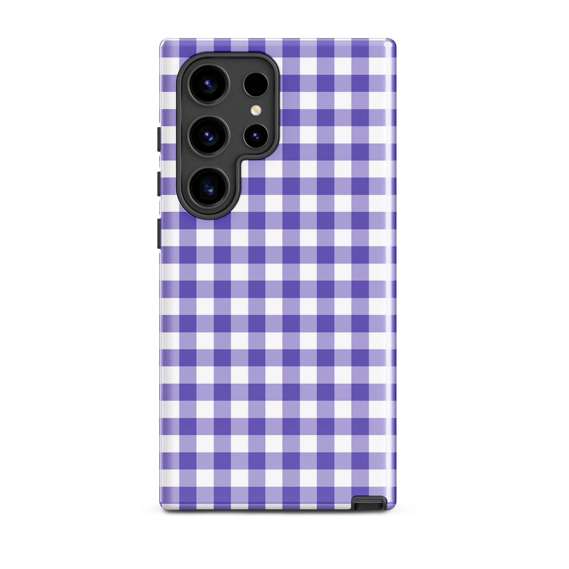 Phone case with purple gingham pattern for Samsung Galaxy, blending style and durability.
