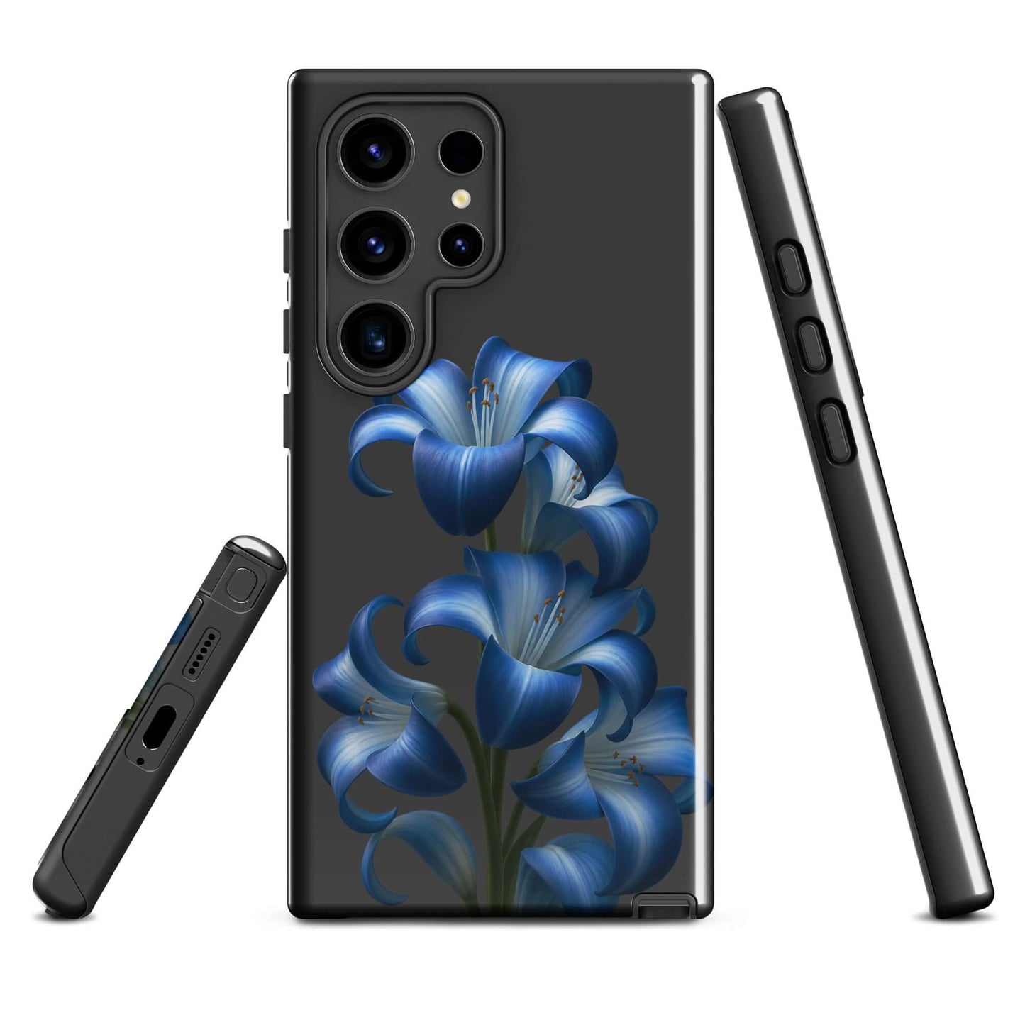 Phone Case for Samsung Galaxy with blue lily floral design, protective dual-layer, sleek black background, stylish and bold.