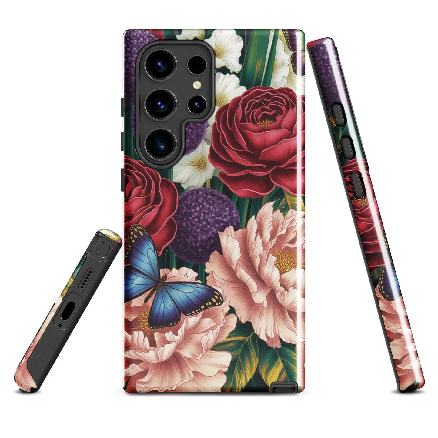 Phone Case for Samsung Galaxy with floral design featuring crimson roses, pink peonies, purple alliums, and blue butterflies.