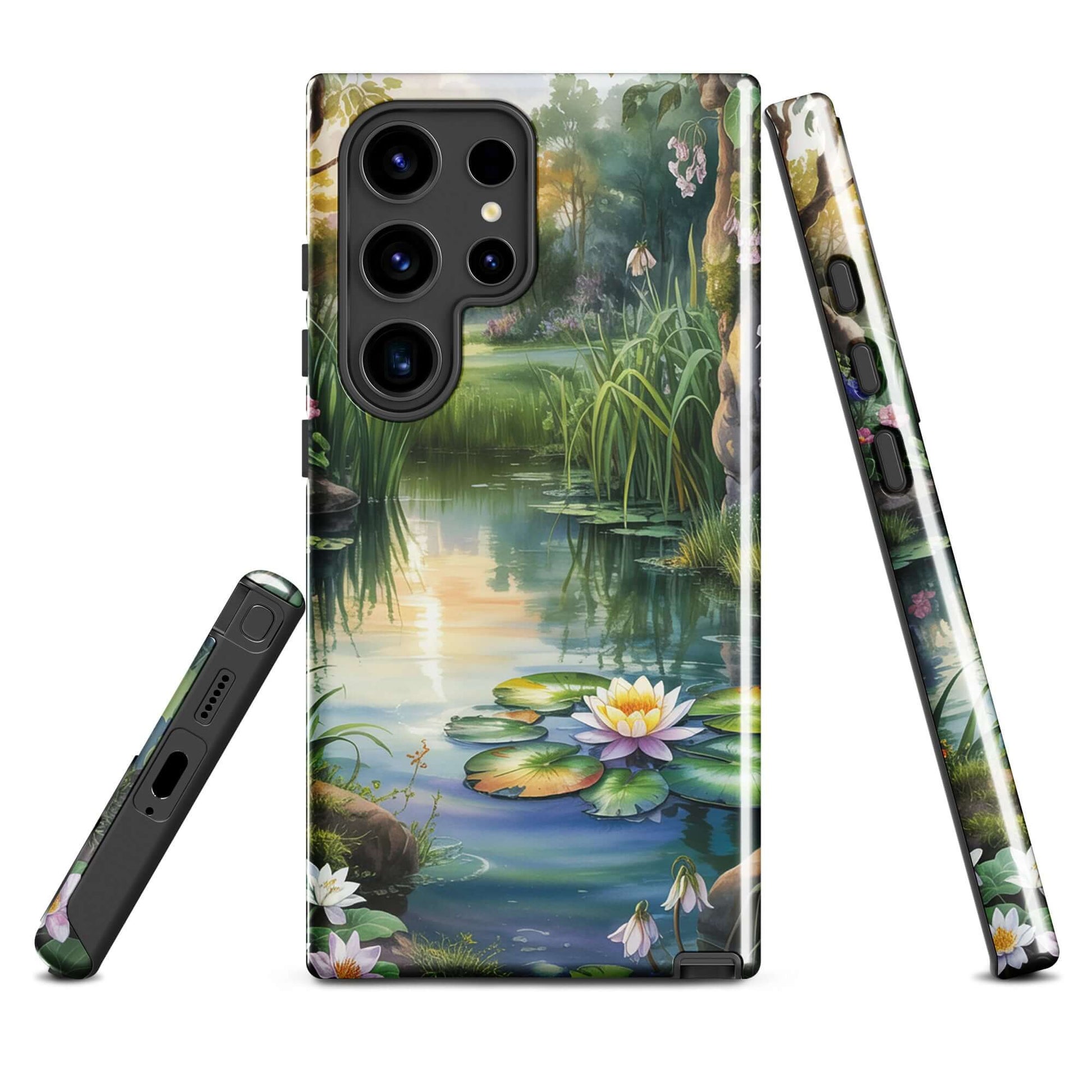 Phone Case for Samsung Galaxy with an enchanted pond design, featuring water lilies, greenery, and sunset reflections.