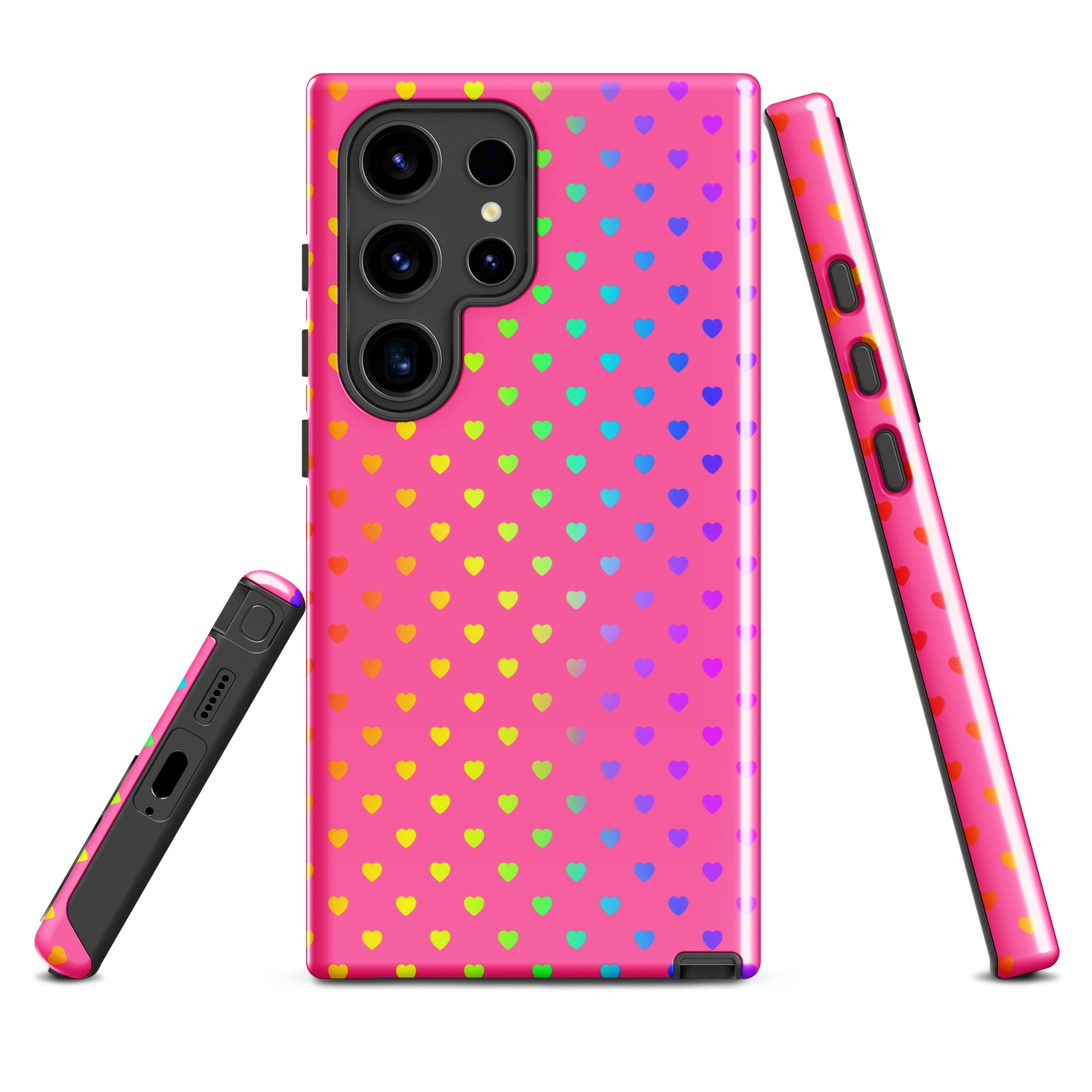 Cute rainbow hearts phone case for Samsung Galaxy with pink background offering dual-layer protection.
