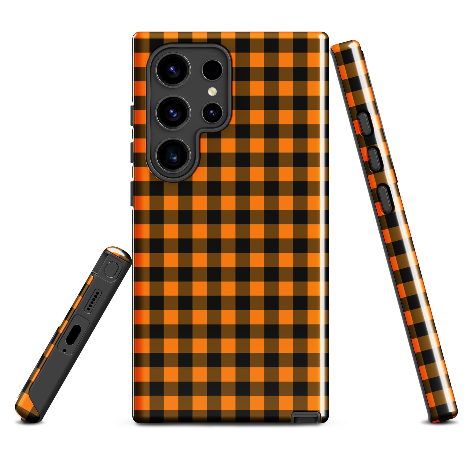 phone case for Samsung Galaxy in black-and-orange gingham autumn theme, showing stylish design and durable craftsmanship