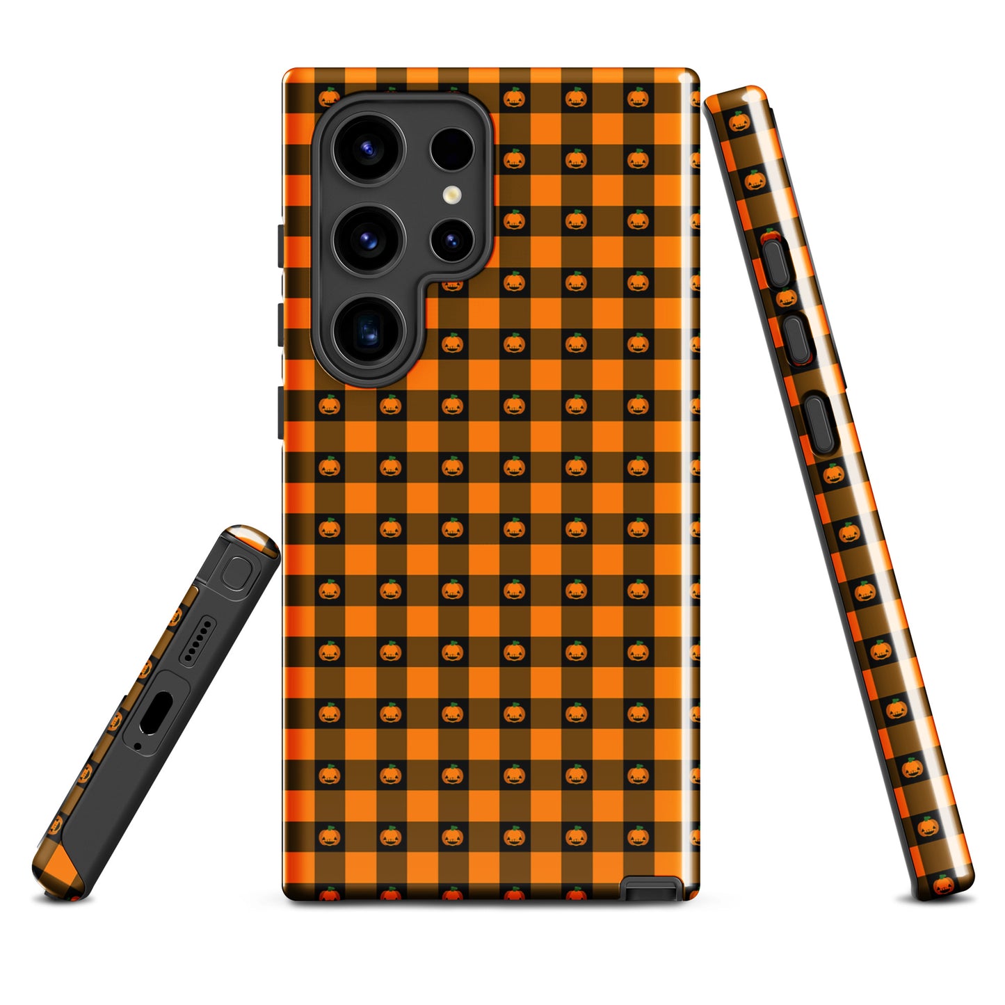 Phone Case for Samsung Galaxy with playful pumpkin gingham Halloween design, featuring jack-o'-lanterns on a festive orange and black checkered pattern.