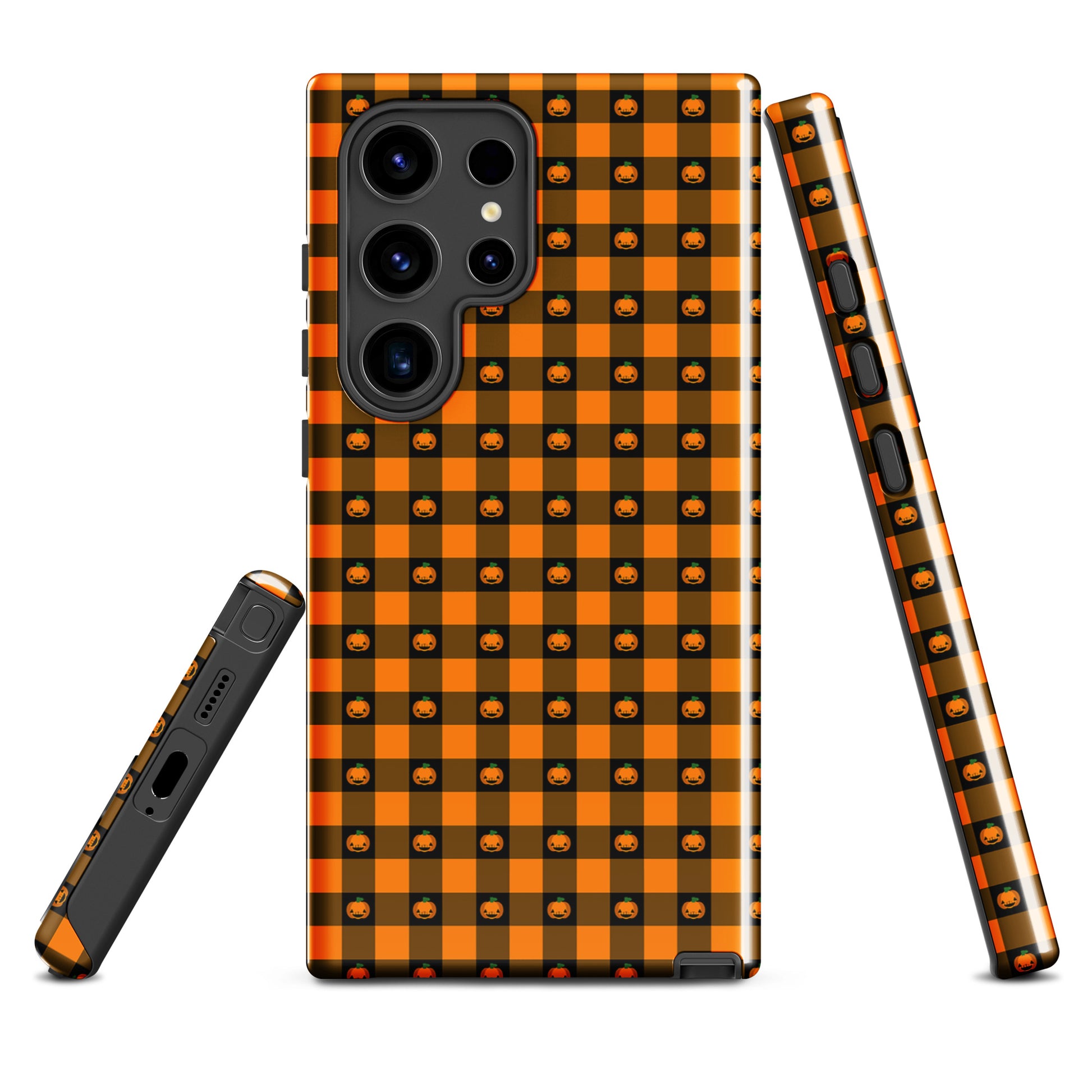 Phone Case for Samsung Galaxy with playful pumpkin gingham Halloween design, featuring jack-o'-lanterns on a festive orange and black checkered pattern.
