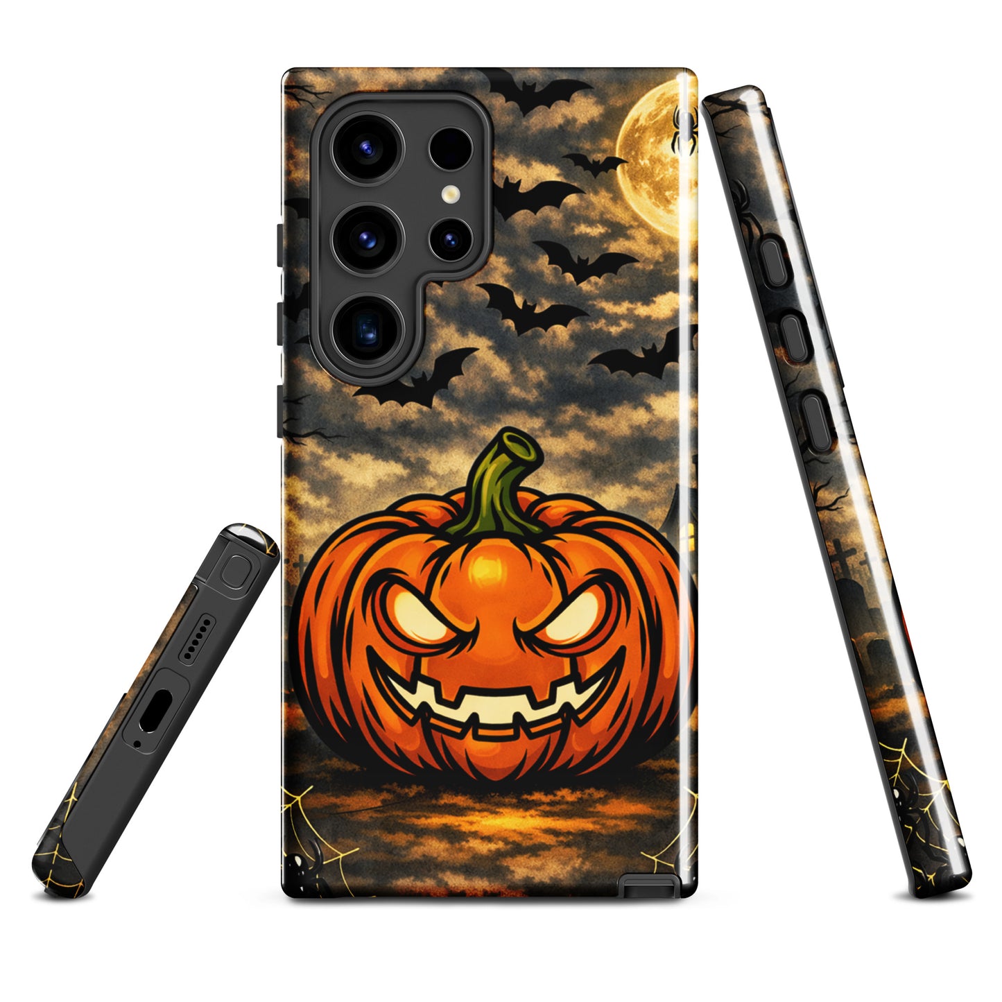 Phone Case for Samsung Galaxy with haunted pumpkin and moonlit Halloween scene, featuring glowing jack-o'-lantern and bats.