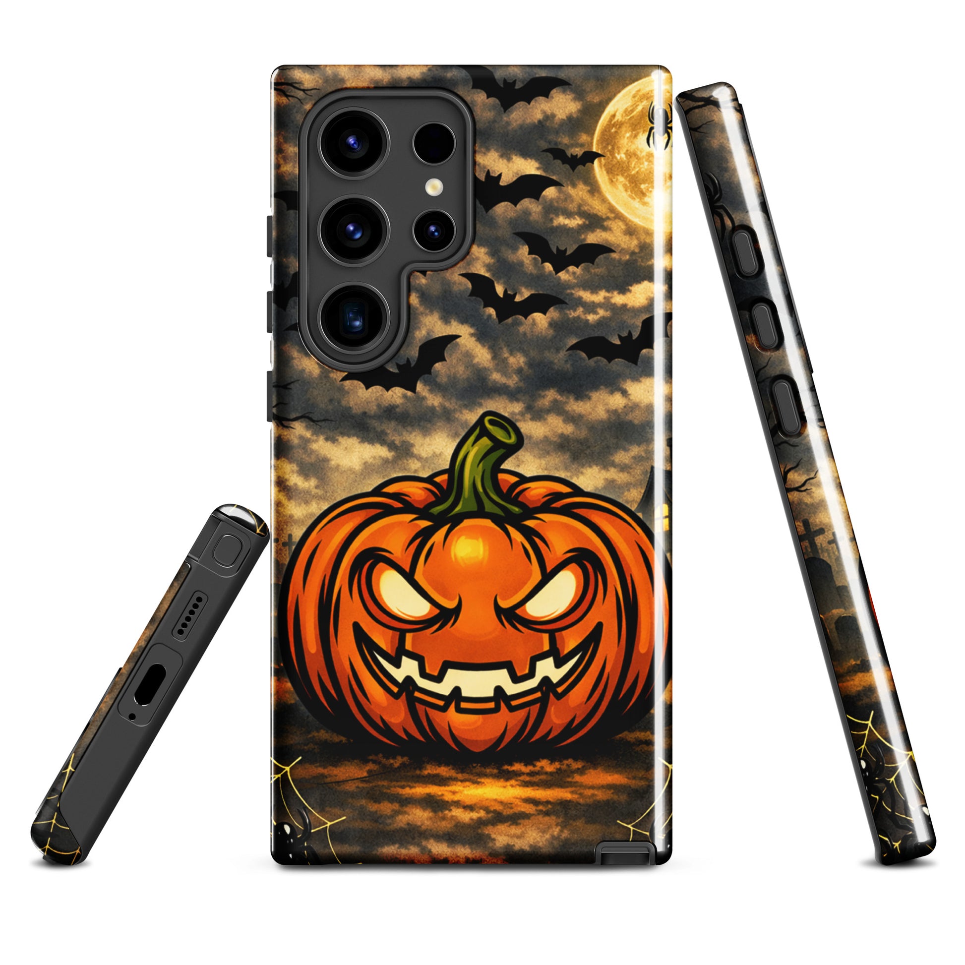 Phone Case for Samsung Galaxy with haunted pumpkin and moonlit Halloween scene, featuring glowing jack-o'-lantern and bats.