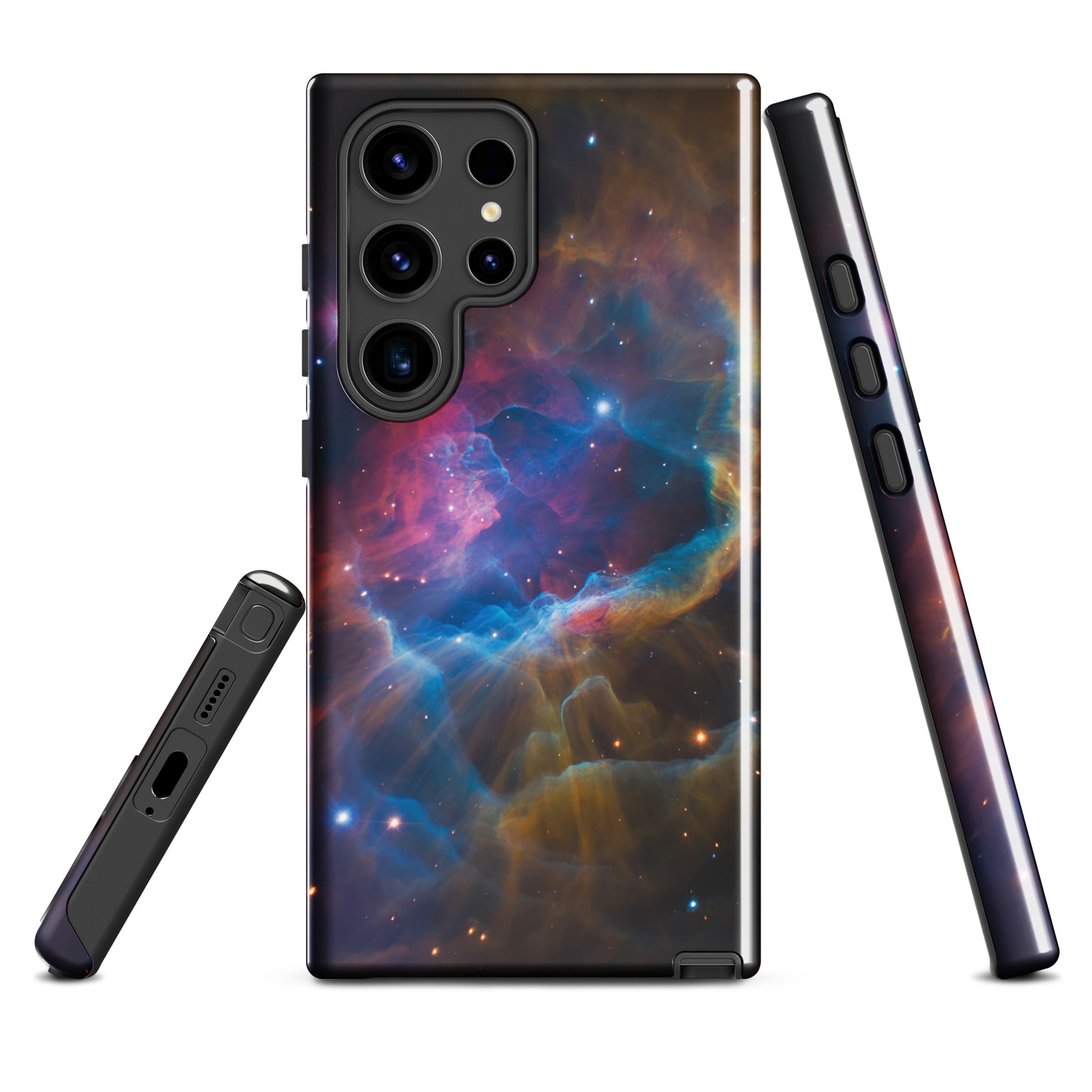 Phone Case for Samsung Galaxy with nebula cosmic starburst design in electric blues, fiery oranges, and dreamy pinks, side views included.