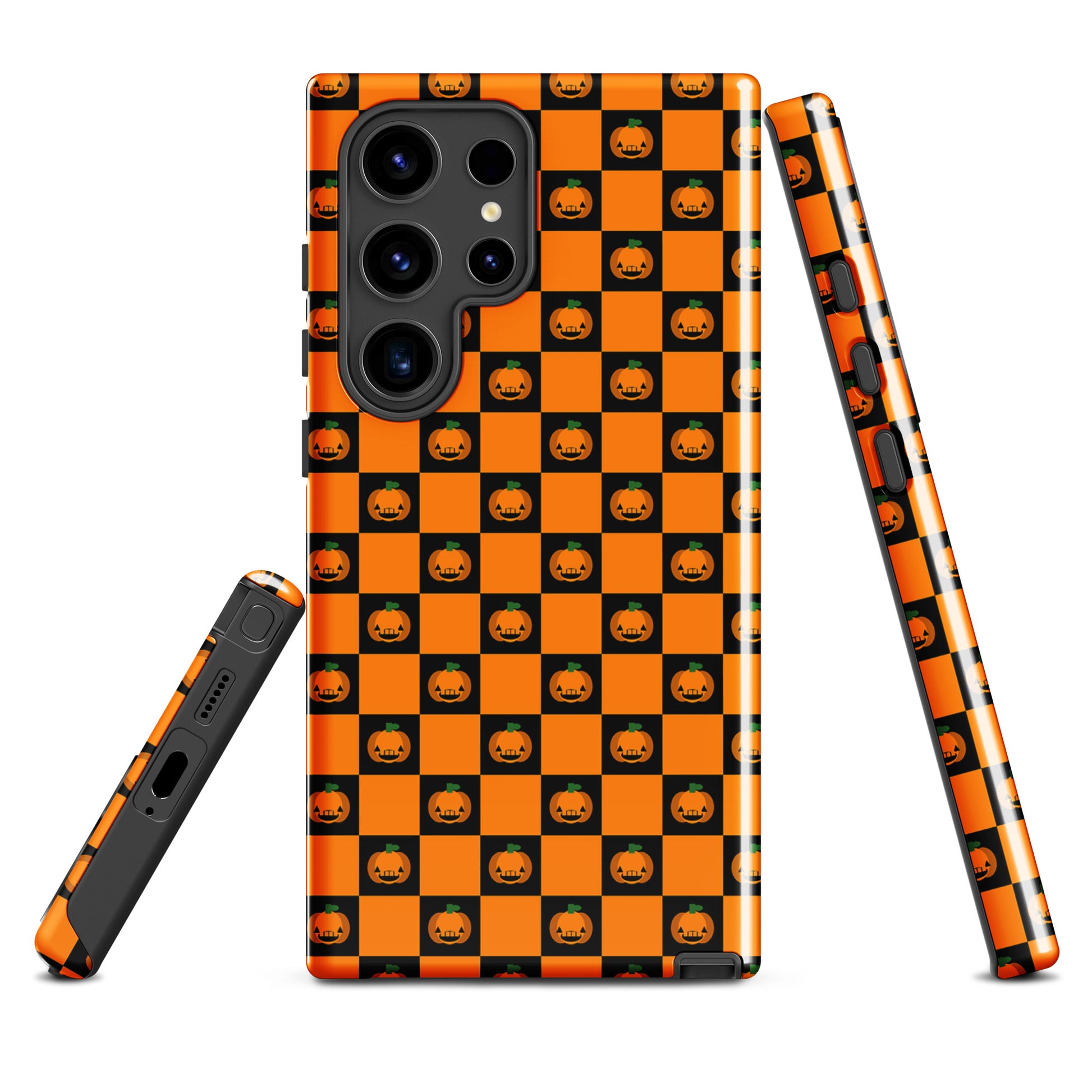 Phone Case for Samsung Galaxy with pumpkin checkered Halloween design.