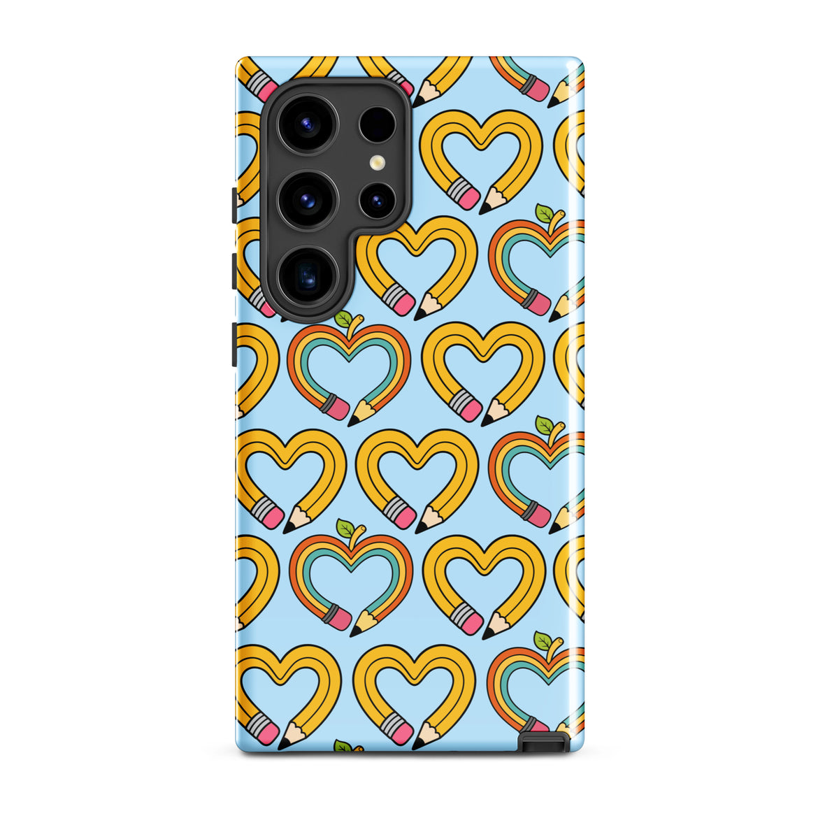 Phone Case for Samsung Galaxy with playful pencil-heart pattern and green leaves on blue background.