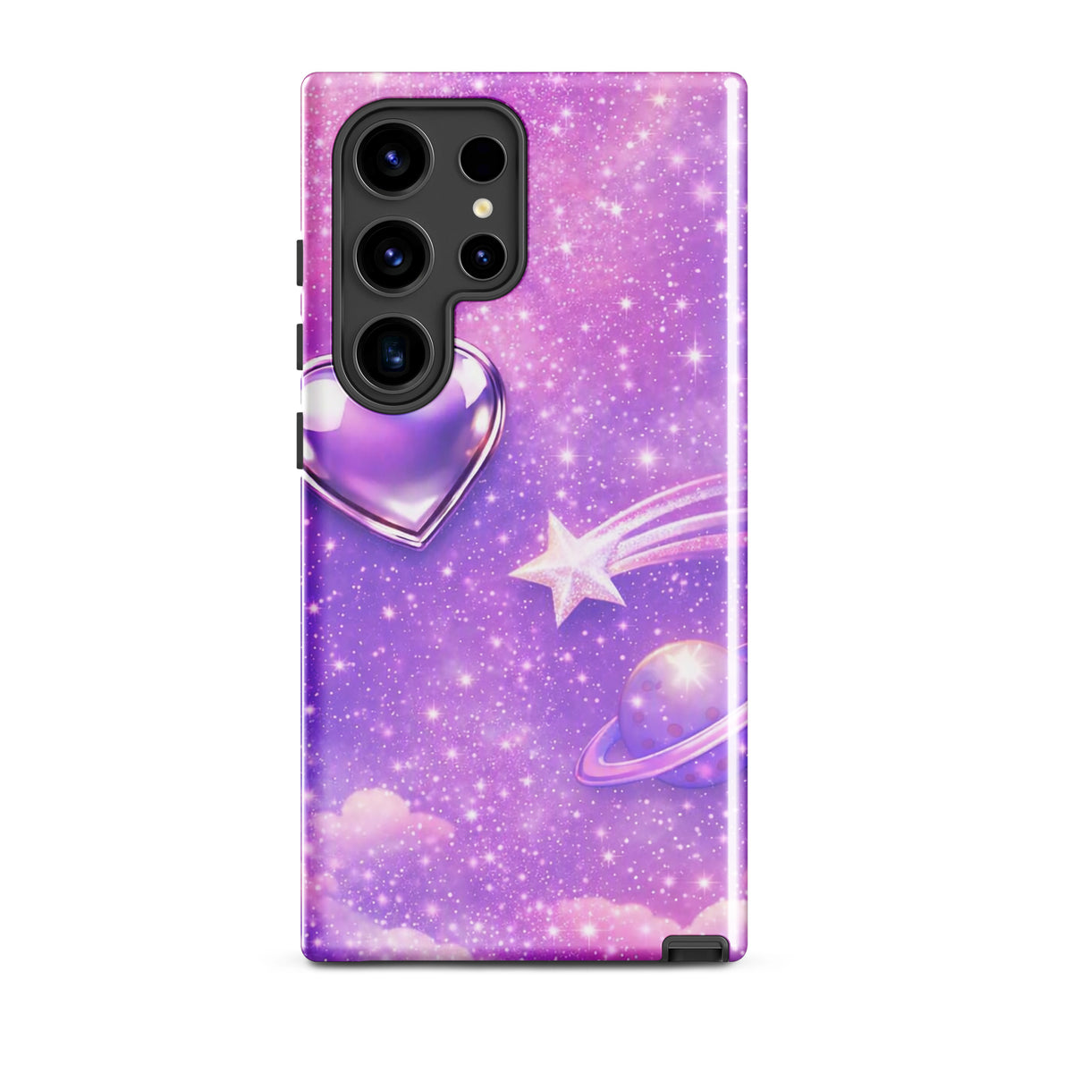 Phone Case featuring a cosmic heart and shooting star design for Samsung Galaxy against a dreamy pastel starry sky