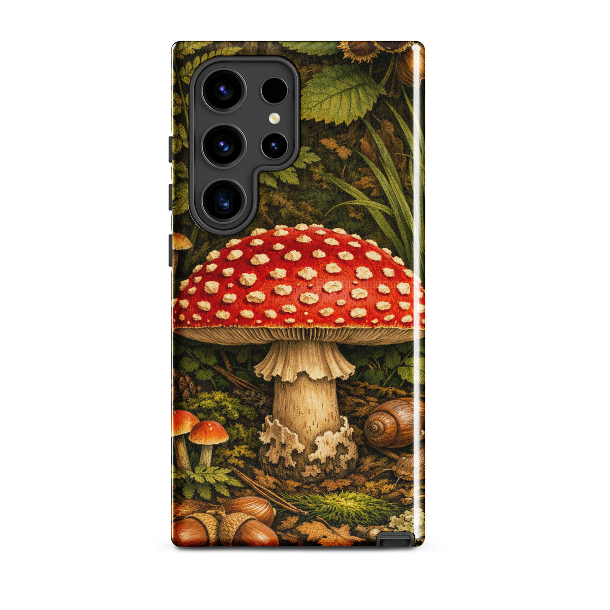 Phone Case for Samsung Galaxy featuring Amanita muscaria mushroom design with red cap and white dots in forest setting.