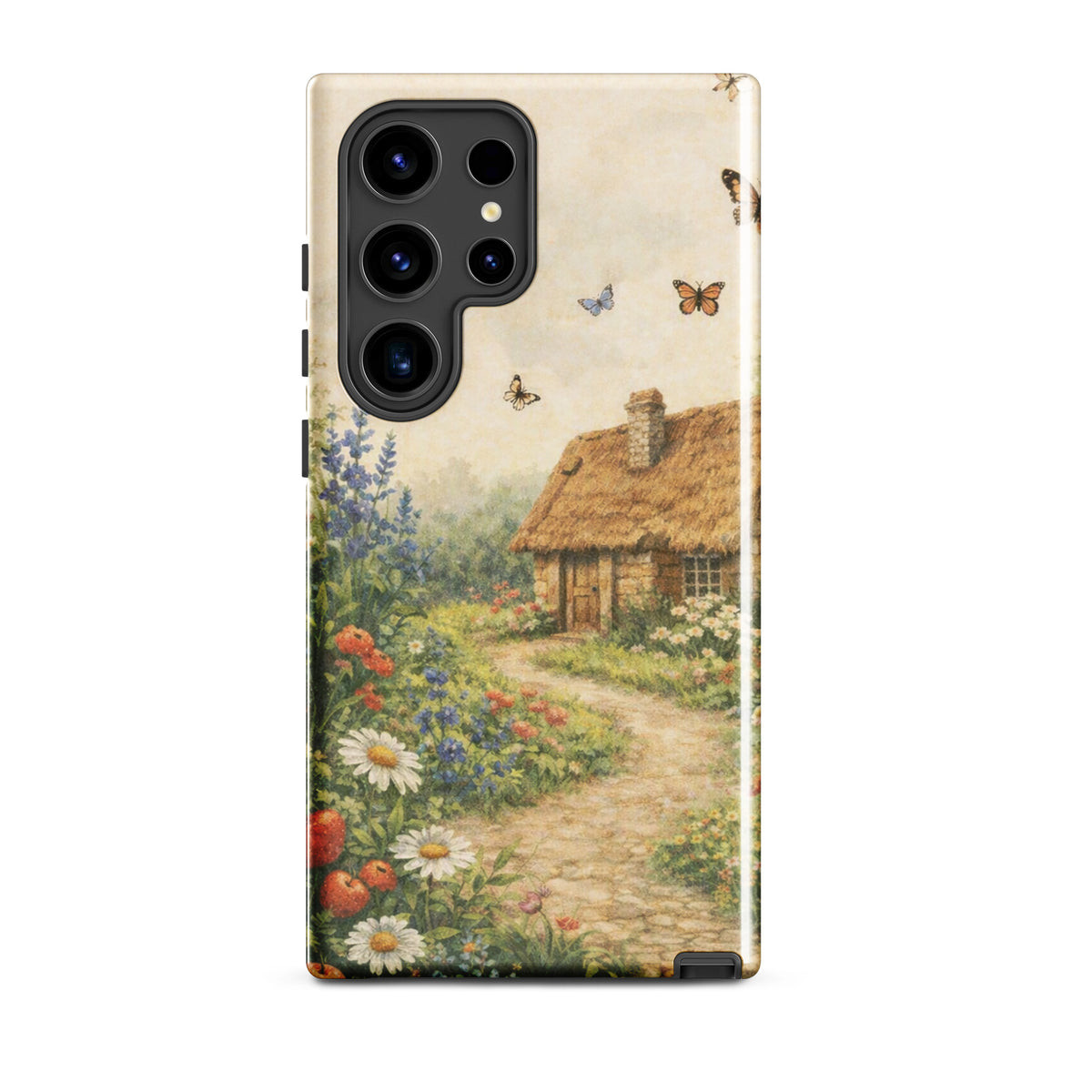 Phone Case for Samsung Galaxy featuring a thatched-roof cottage in a lively garden with daisies and butterflies on a cream background.