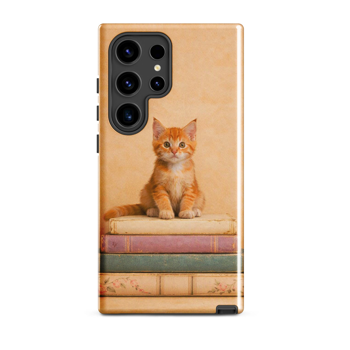 Phone Case for Samsung Galaxy featuring orange kitten on vintage books design.