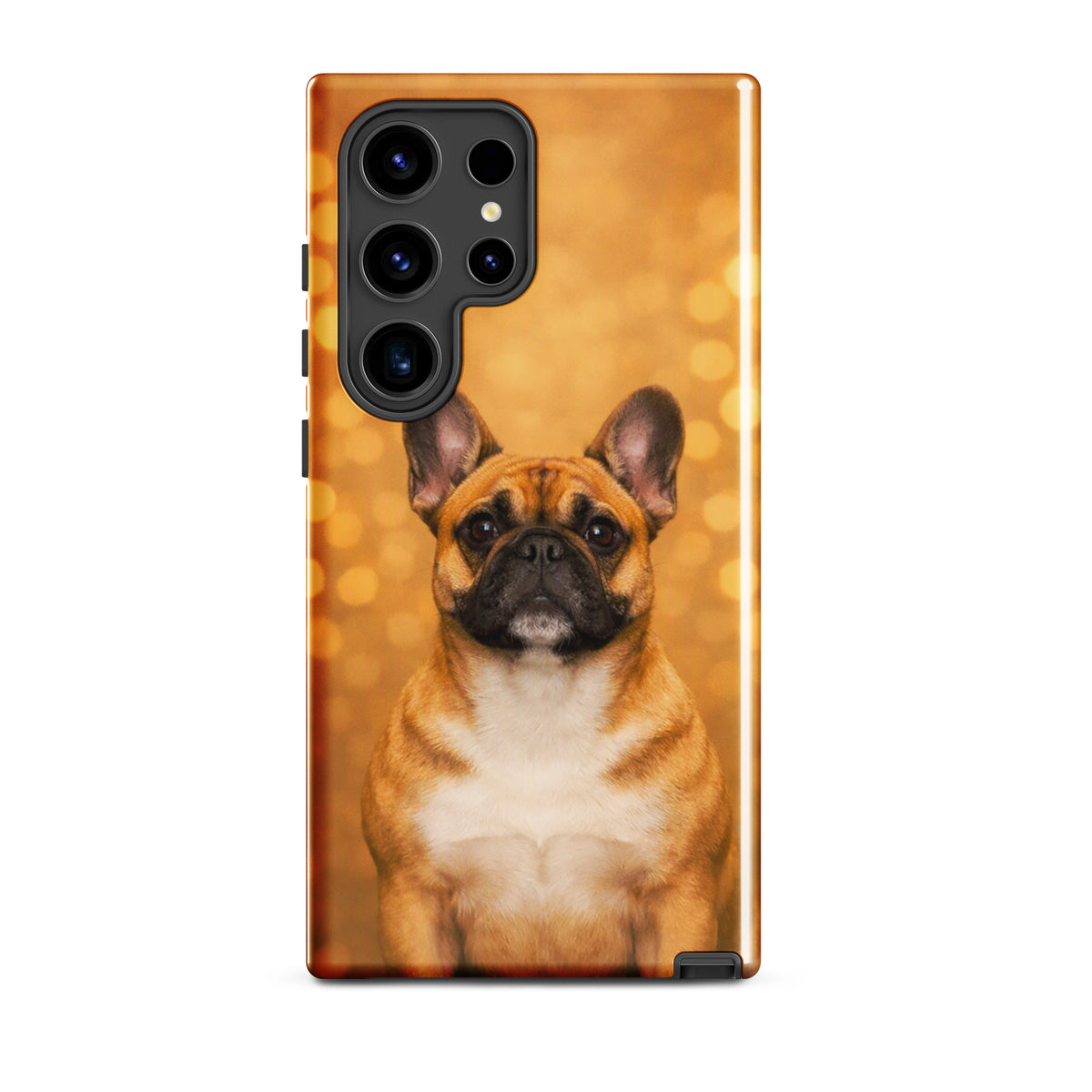 Phone Case featuring French Bulldog portrait on golden bokeh background for Samsung Galaxy.