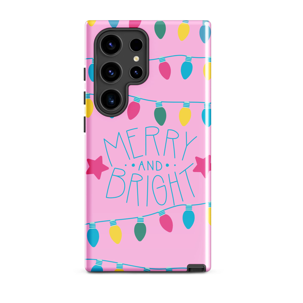 Phone Case for Samsung Galaxy with Merry and Bright holiday design featuring colorful lights on a pink background.