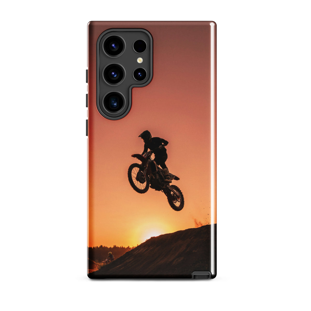 Phone Case for Samsung Galaxy featuring motocross sunset dirt bike design in copper, orange, gold, and black.
