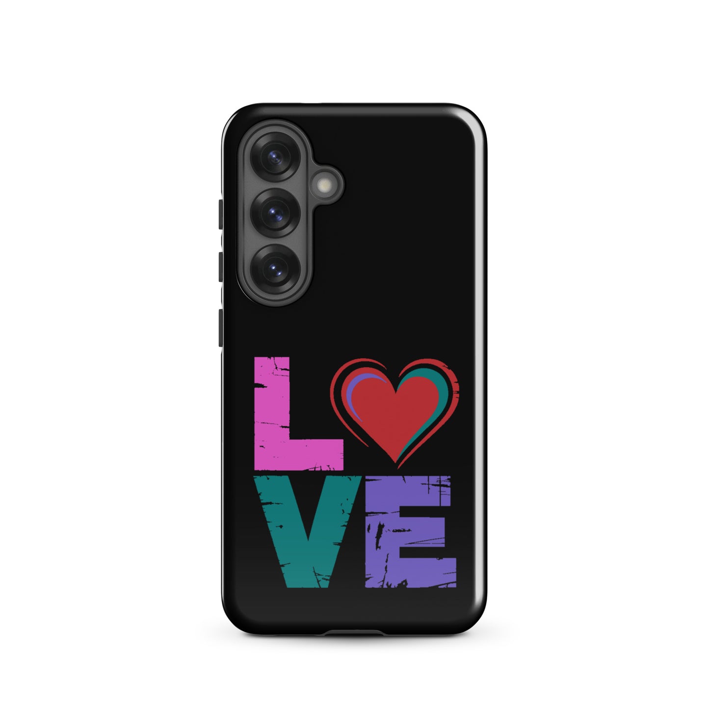 Tough case for Samsung Galaxy Phones featuring colorful 'LOVE' design with heart.