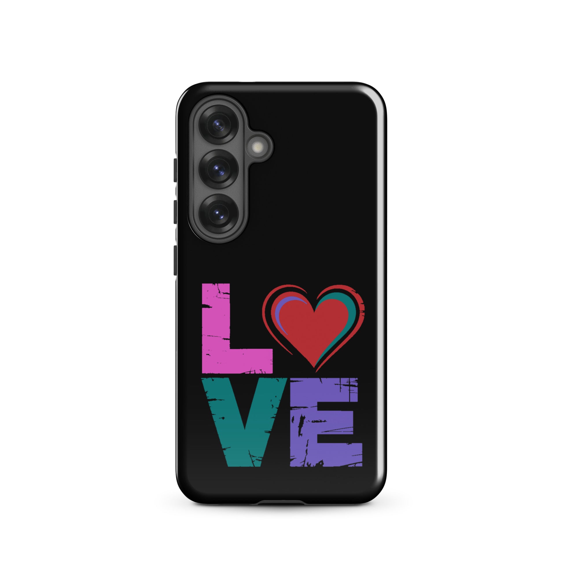 Tough case for Samsung Galaxy Phones featuring colorful 'LOVE' design with heart.