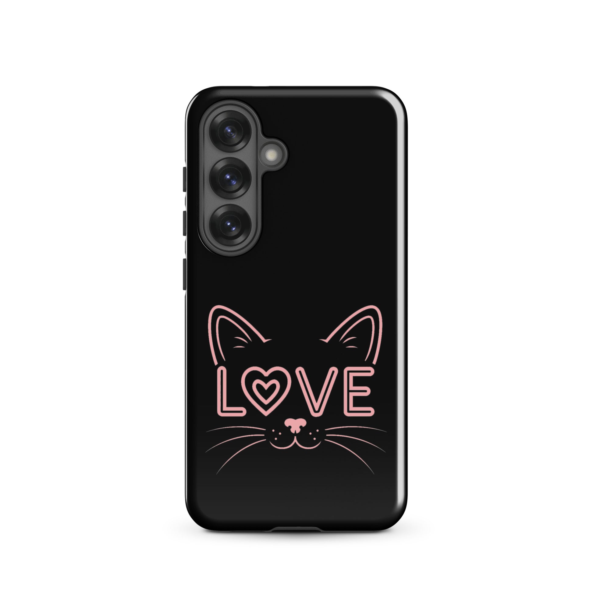 Cat Love Phone Case for Samsung Galaxy featuring minimalist cat design and the word 'LOVE' in pink.