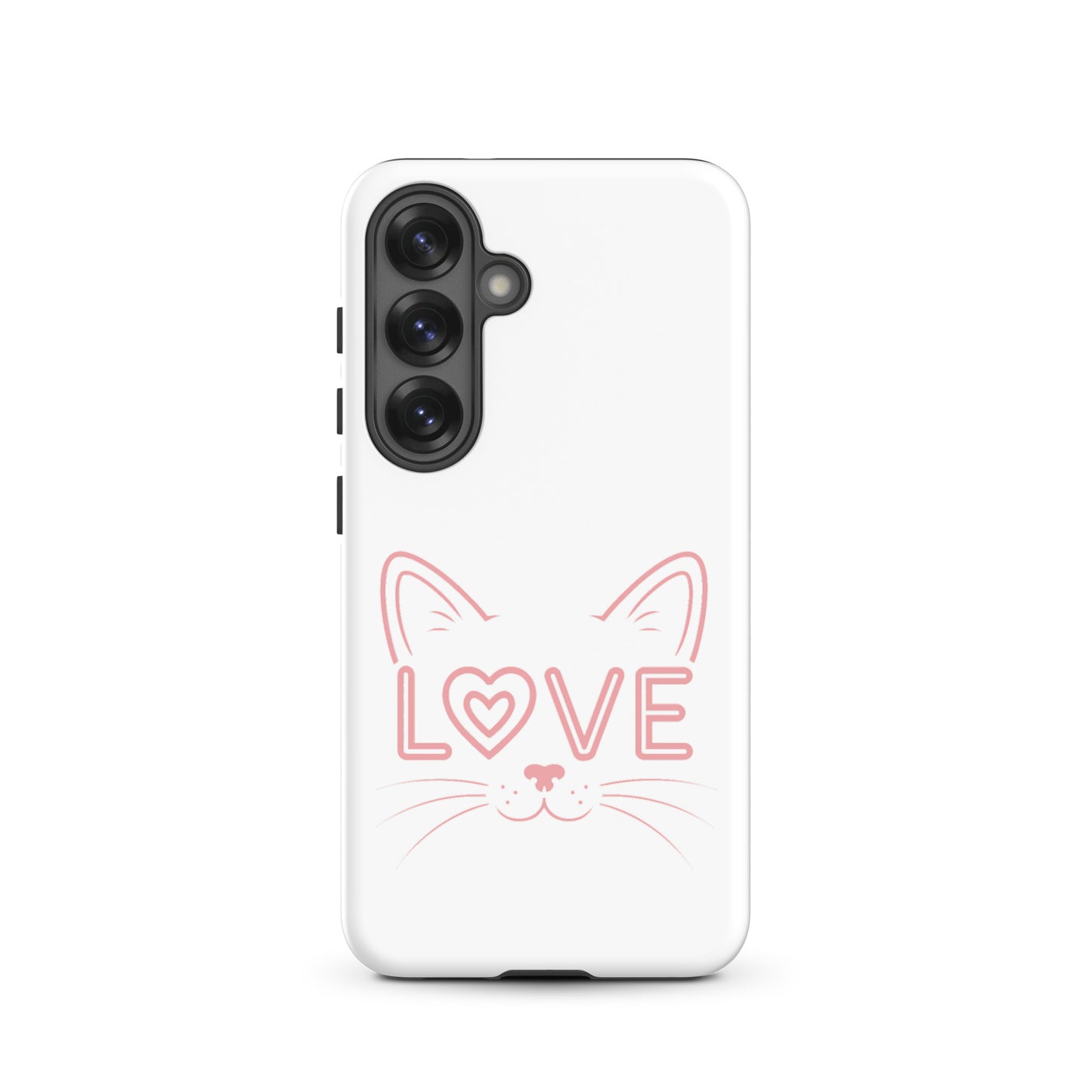 Cat Love phone case for Samsung Galaxy featuring a cute minimalist cat face design with the word 'LOVE'.