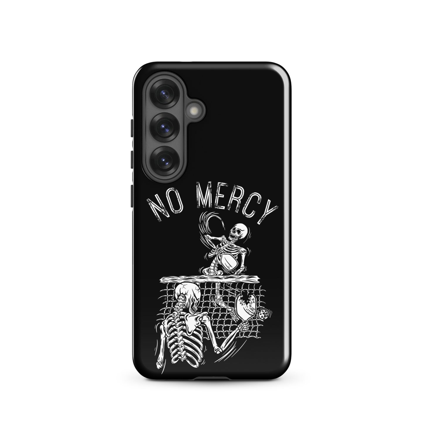 Pickleball Samsung Galaxy Case featuring skeletons and the phrase 'No Mercy' for aggressive players.