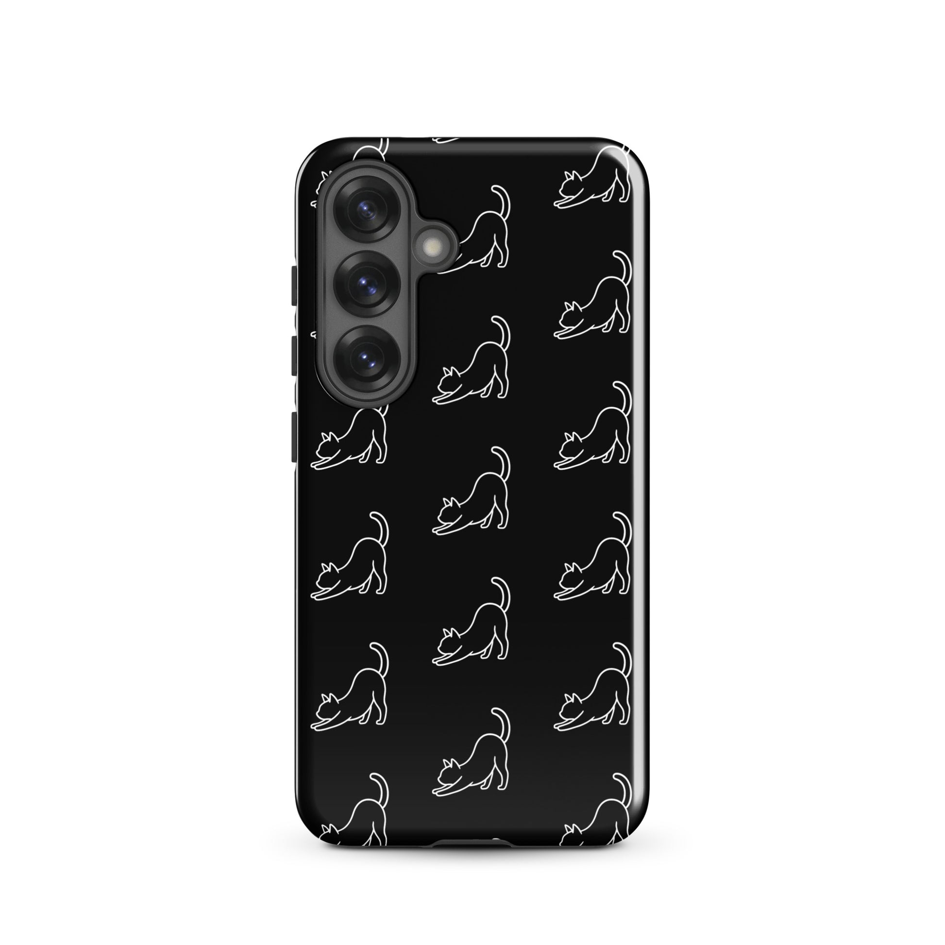 Phone Case for Samsung Galaxy featuring a minimalist stretching cat pattern on a sleek black background.