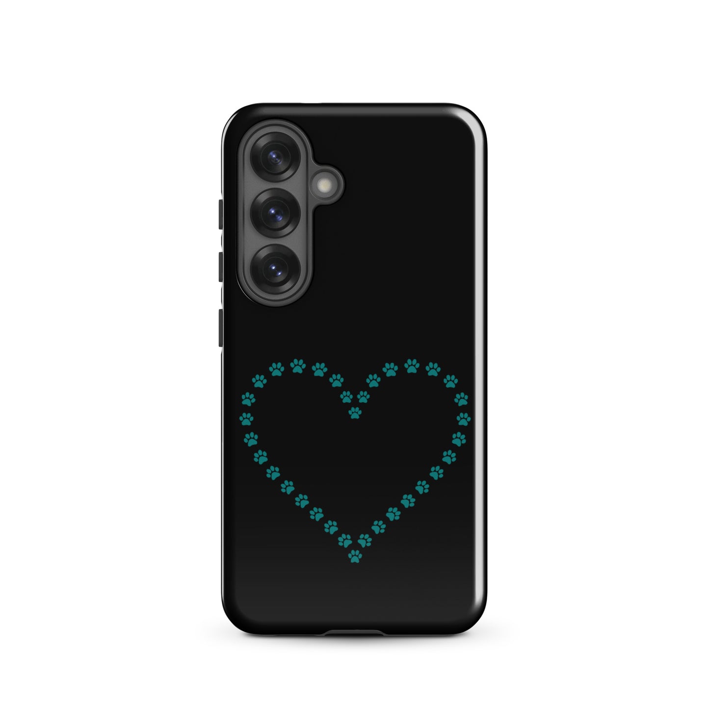 Phone Case for Samsung Galaxy featuring a paw print heart design for pet lovers on a sleek black background.