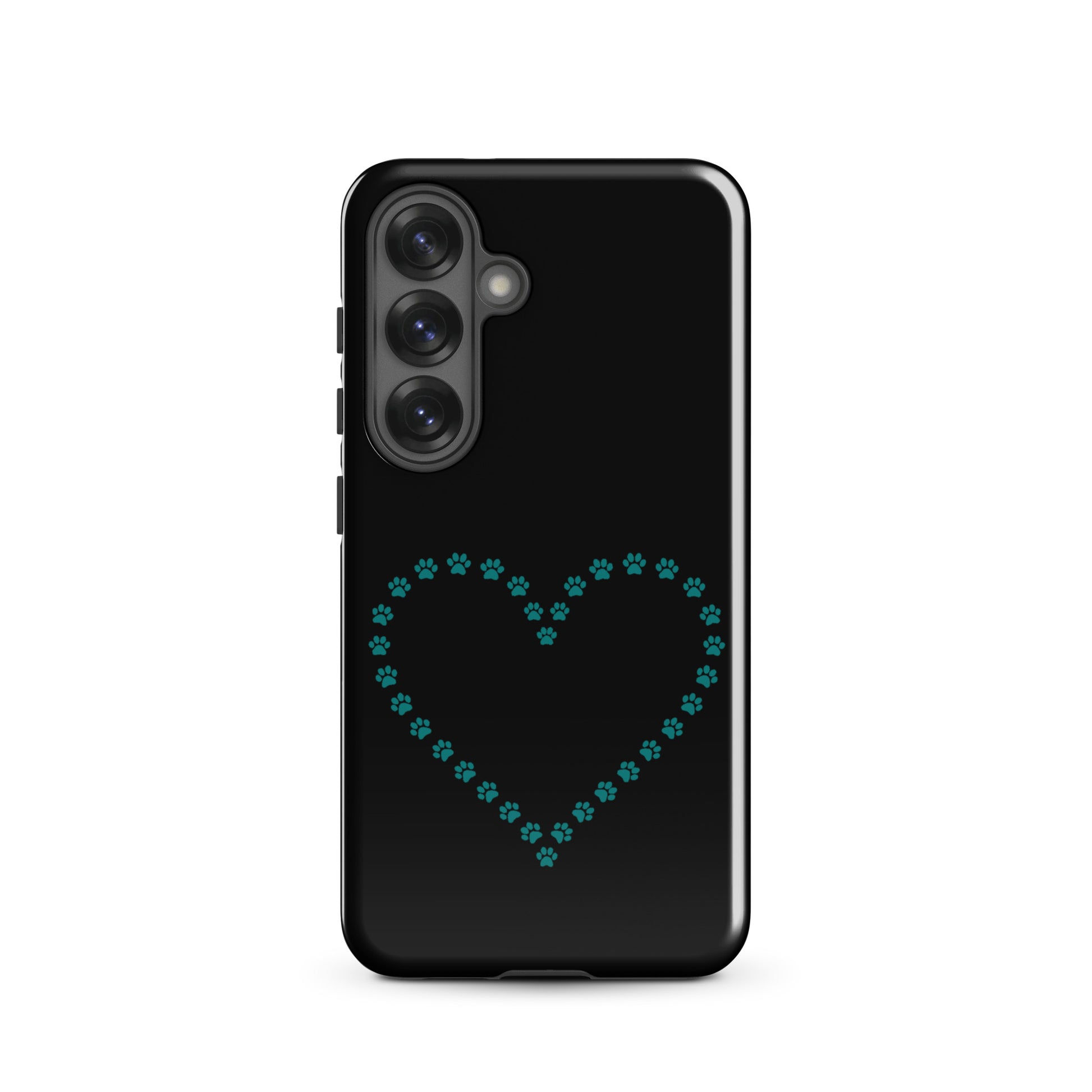 Phone Case for Samsung Galaxy featuring a paw print heart design for pet lovers on a sleek black background.