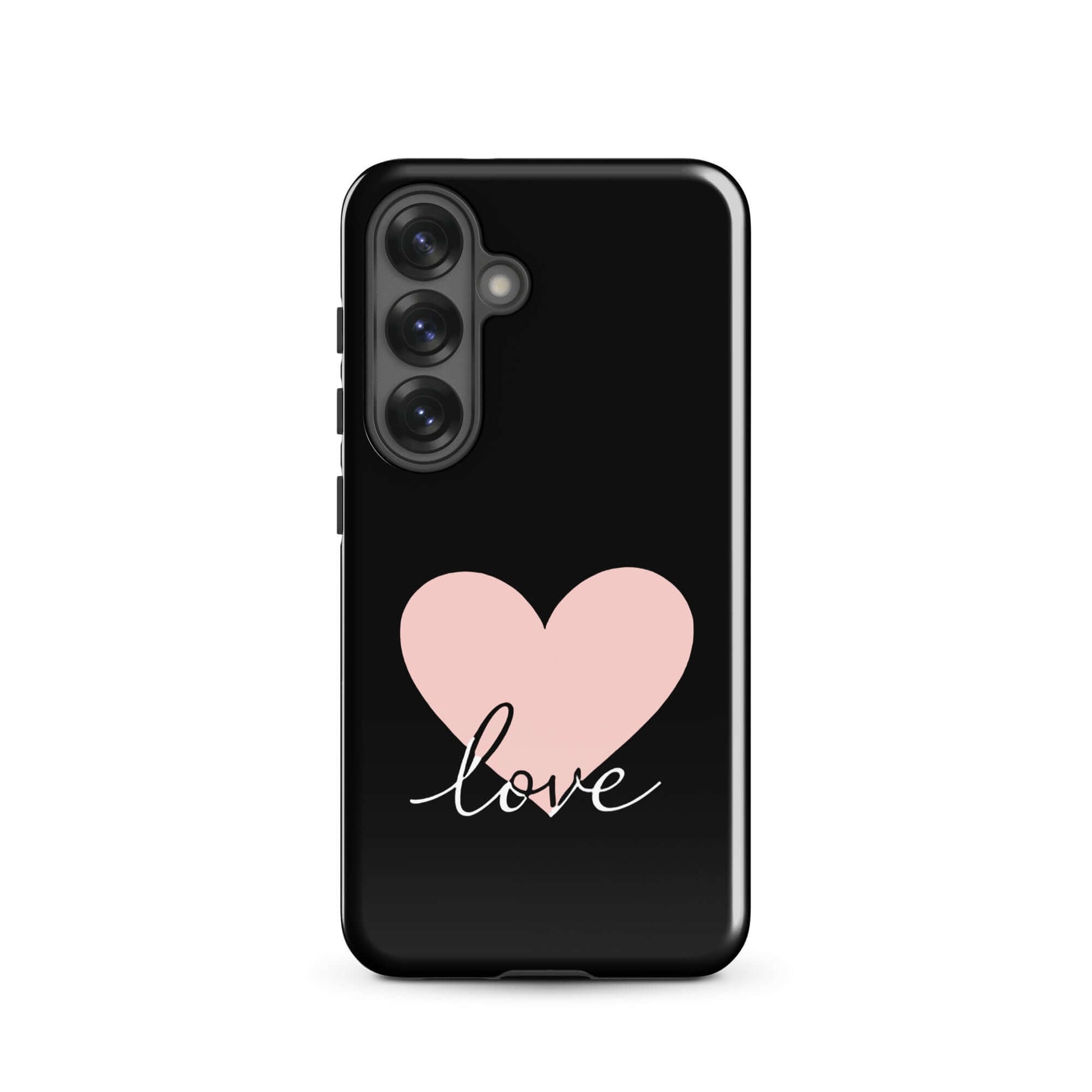 Phone Case Samsung Galaxy with heart and script love design on a black background.