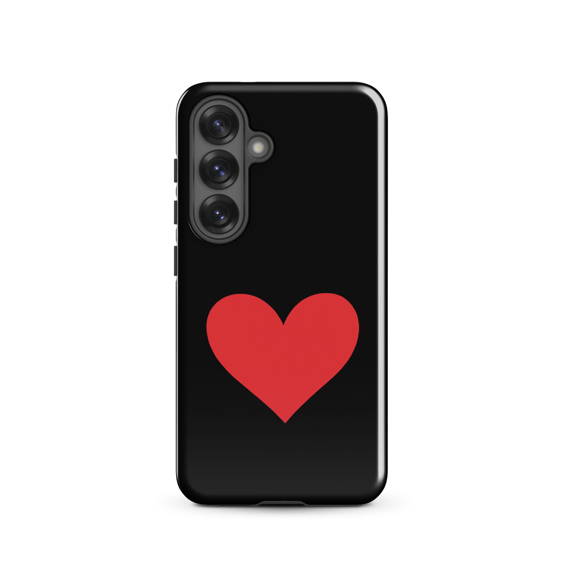 Phone Case for Samsung Galaxy with bold red heart design on black background.