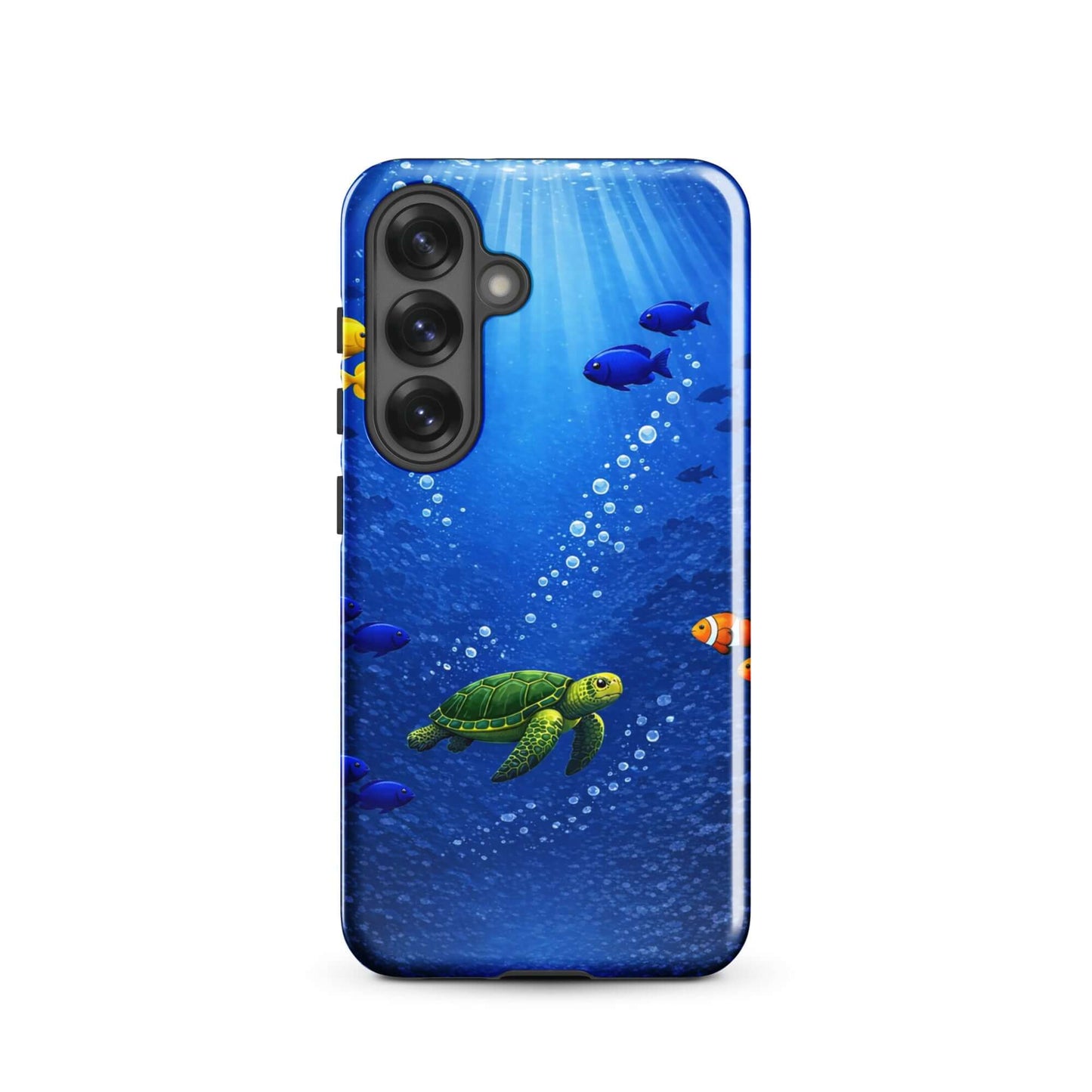Phone Case for Samsung Galaxy featuring a vibrant sea turtle design with tropical fish in deep blue water.