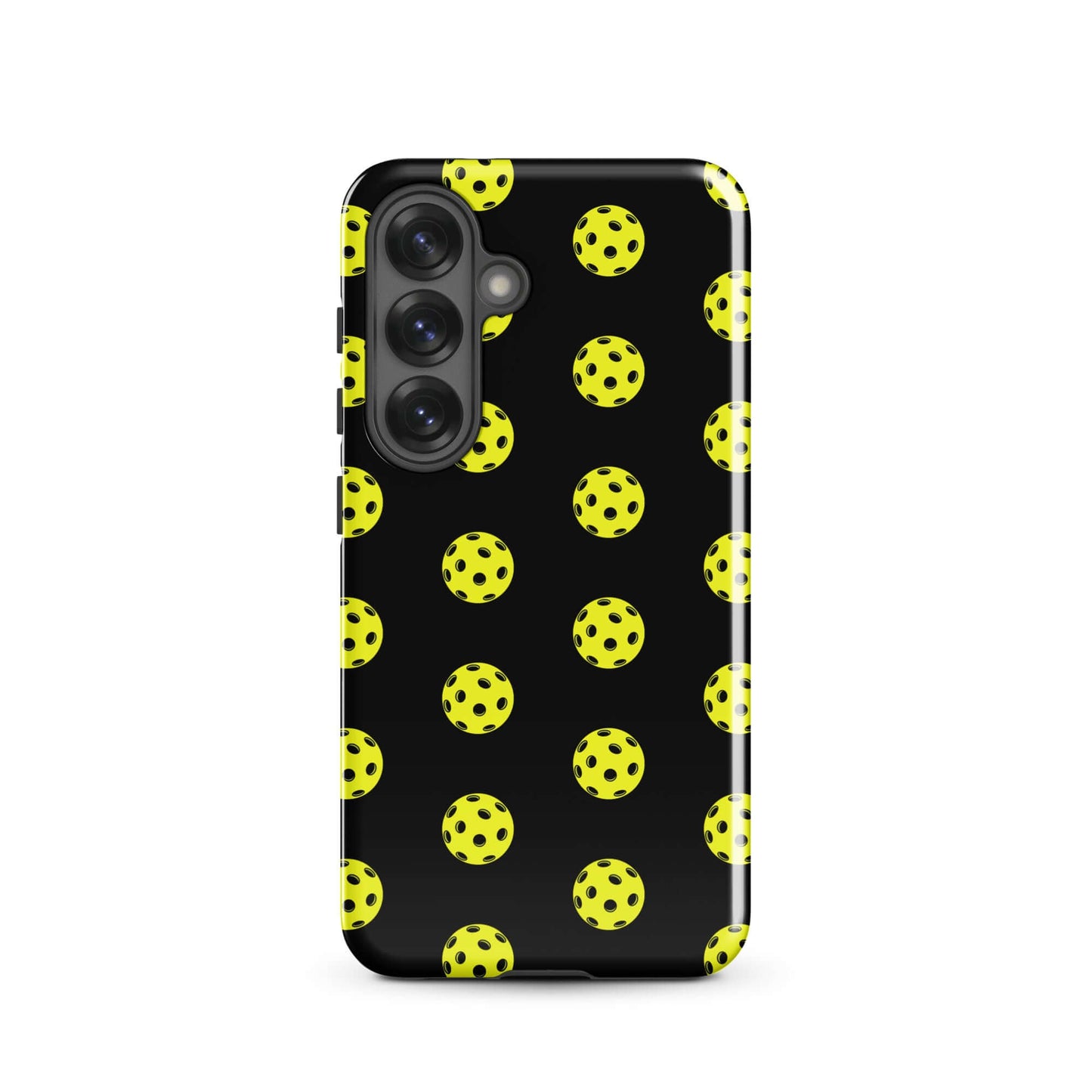 Phone Case for Samsung Galaxy featuring a bold pickleball pattern on a black background.
