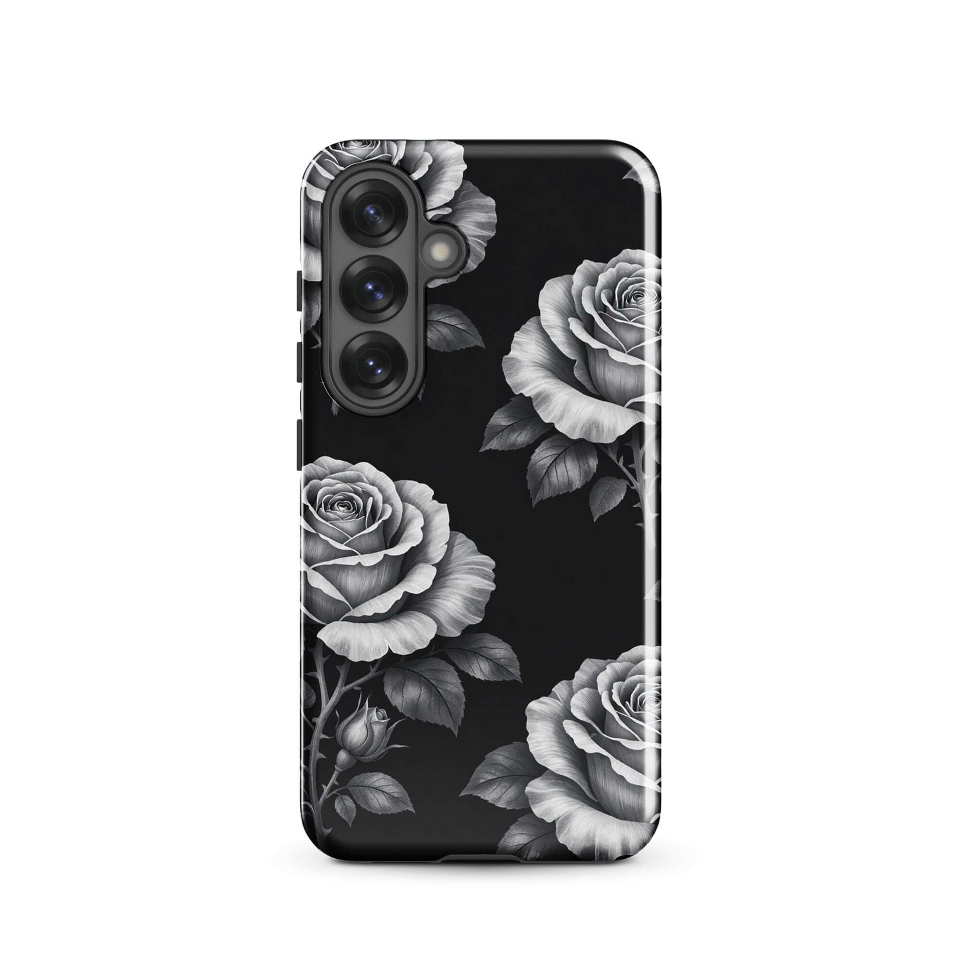 Phone Case for Samsung Galaxy with rose design on black background, featuring floral charm and contrasting aesthetics.