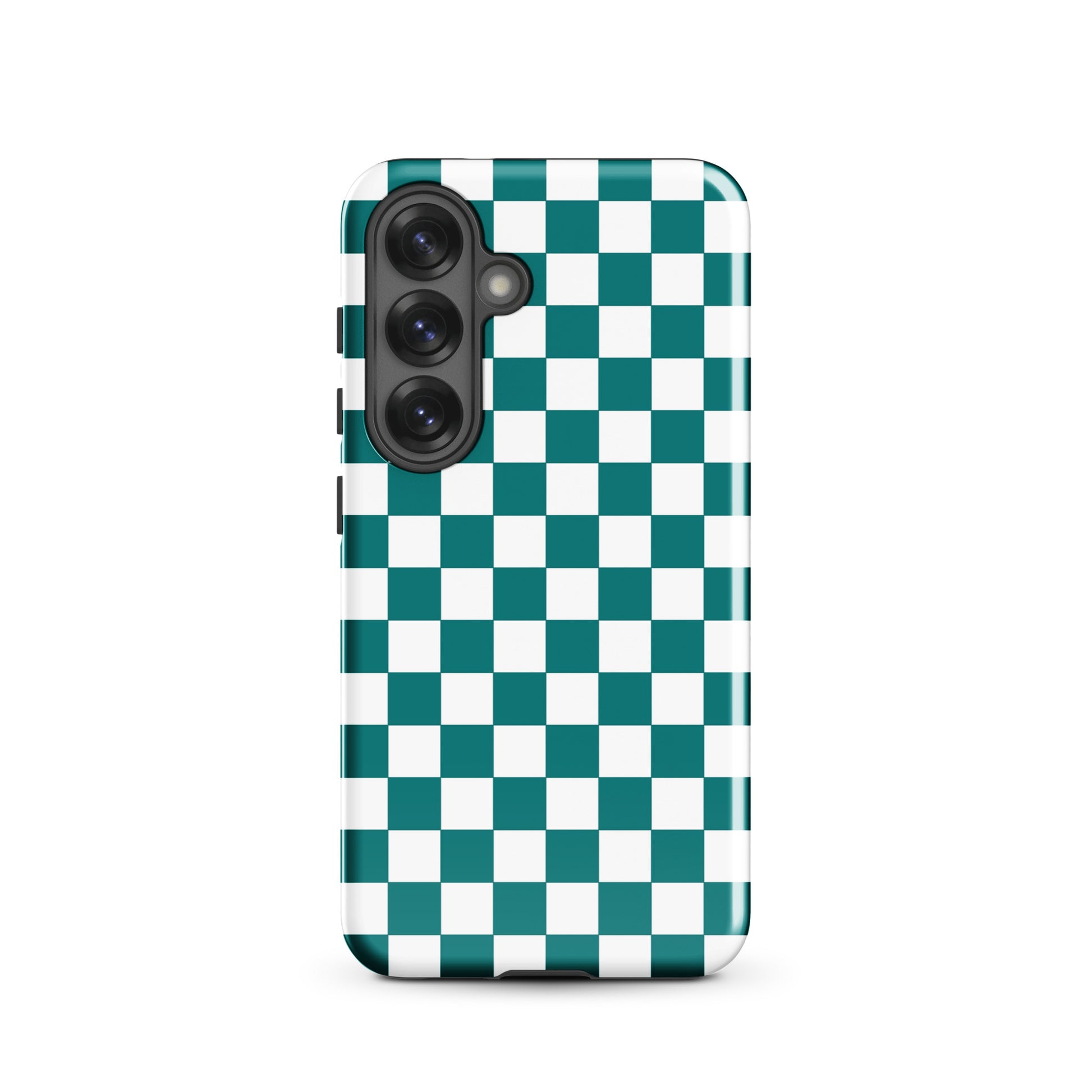 Phone Case for Samsung Galaxy in teal and white checkered design, adds bold style to your device, playful and fashion-forward accessory.