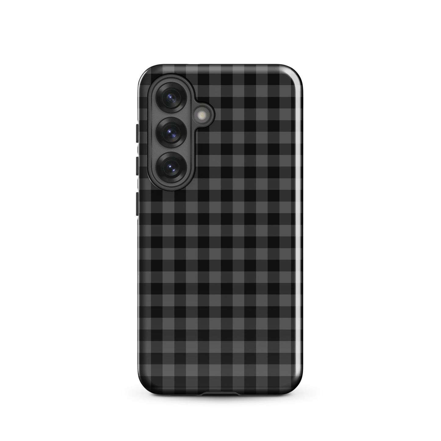 Phone Case for Samsung Galaxy with black-and-charcoal gingham pattern offering style and protection.