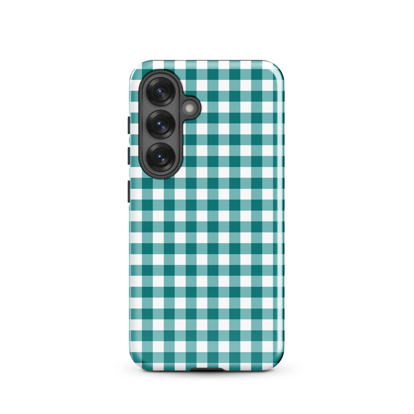 Phone Case for Samsung Galaxy with teal and white gingham pattern offering chic style and durability.