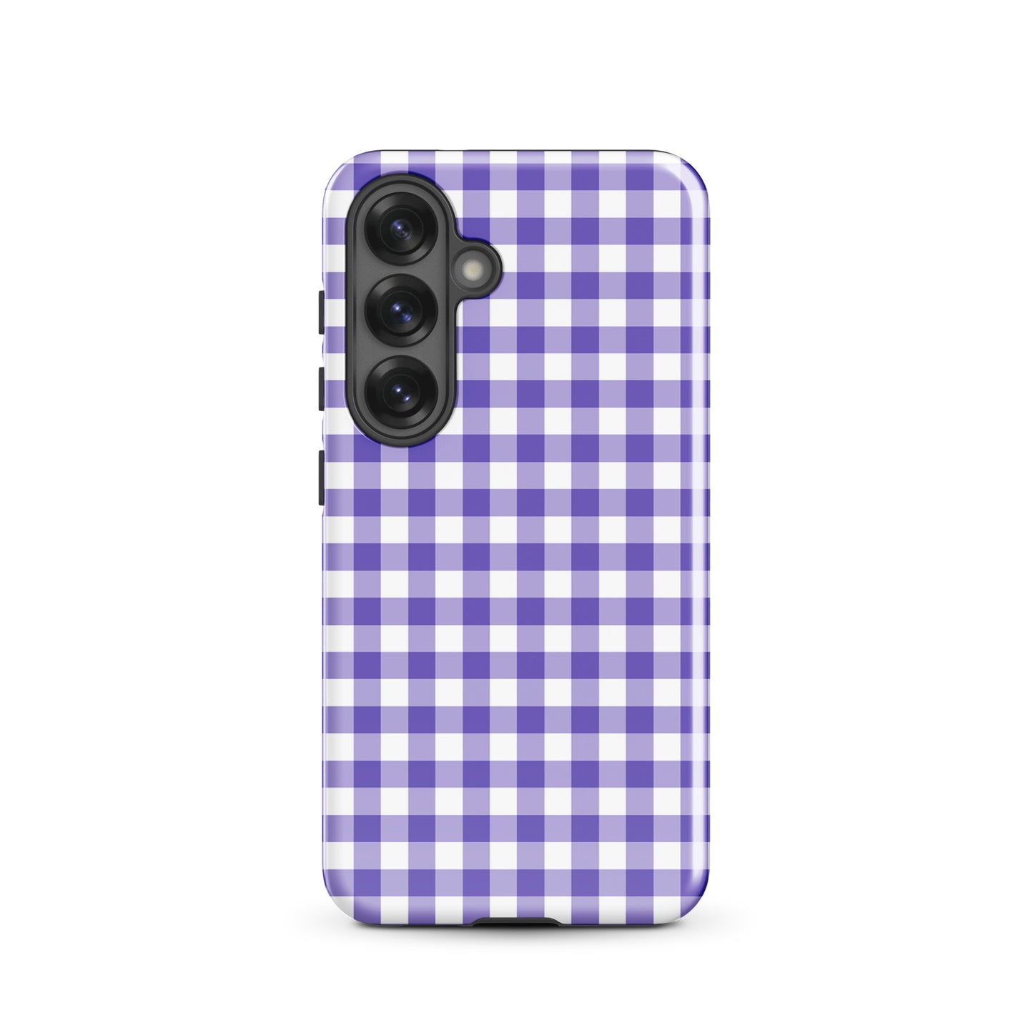 Phone case for Samsung Galaxy with purple-and-white gingham pattern, offering style and protection.