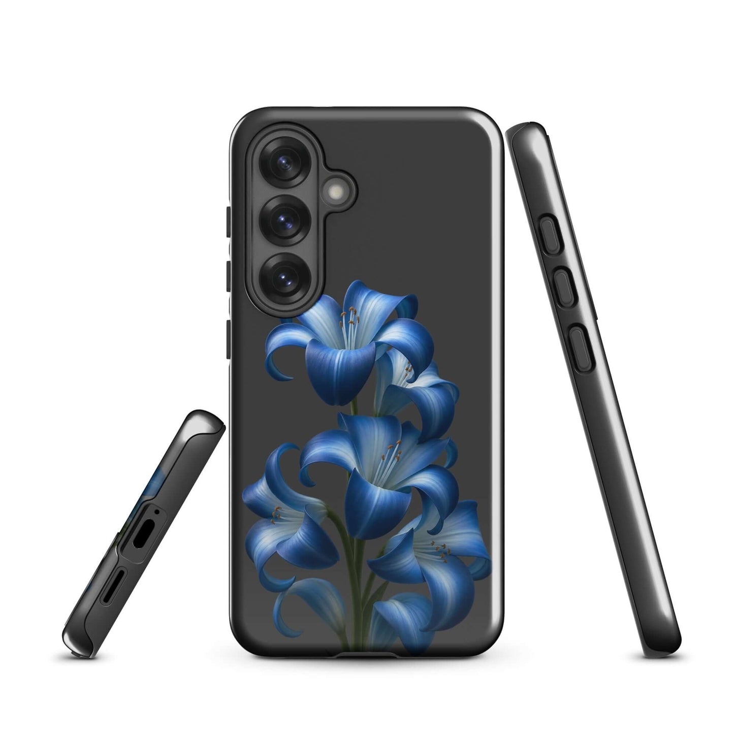 Phone Case for Samsung Galaxy with blue lily bloom art, dual-layer design for protection, stylish floral magic on dark backdrop.