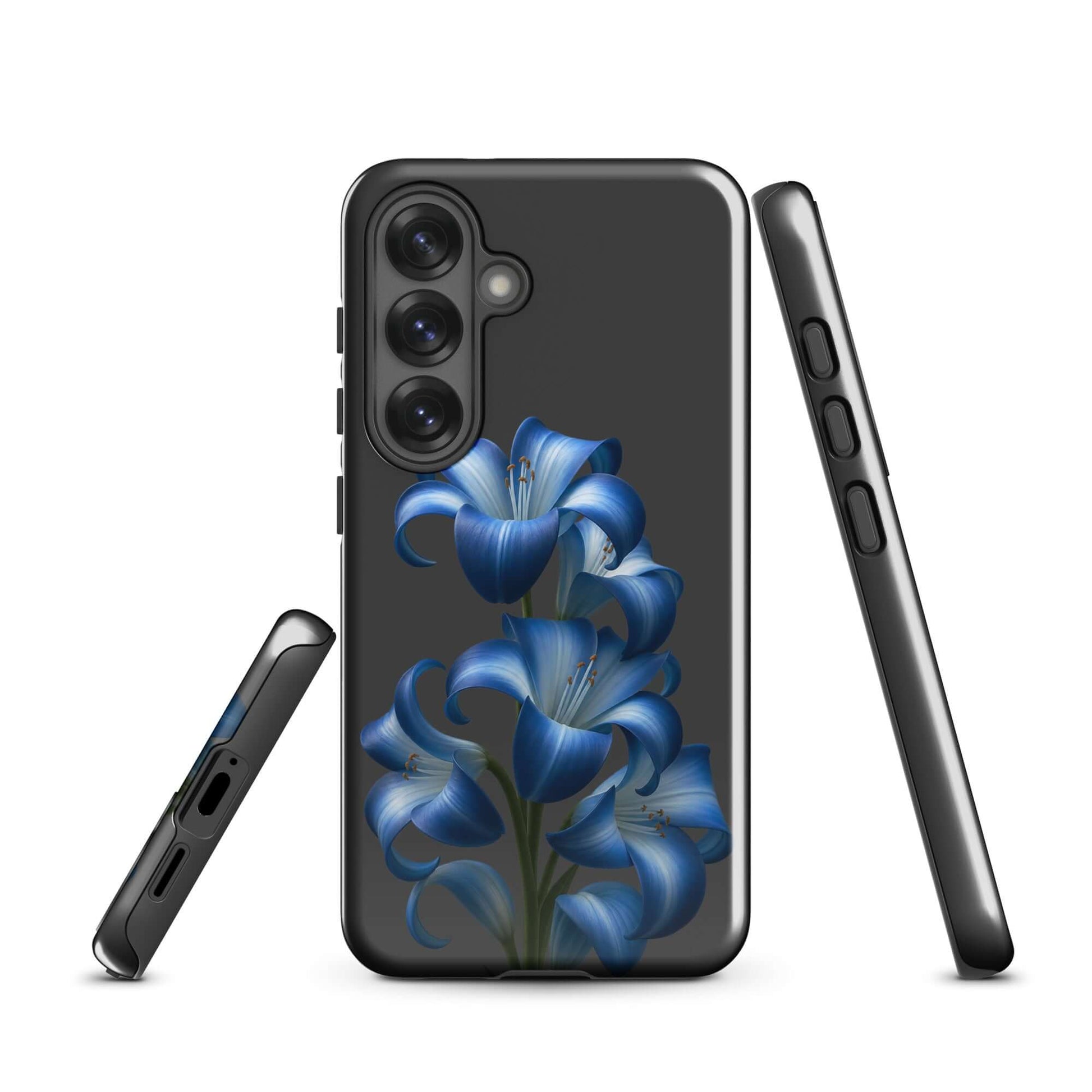 Phone Case for Samsung Galaxy with blue lily bloom art, dual-layer design for protection, stylish floral magic on dark backdrop.
